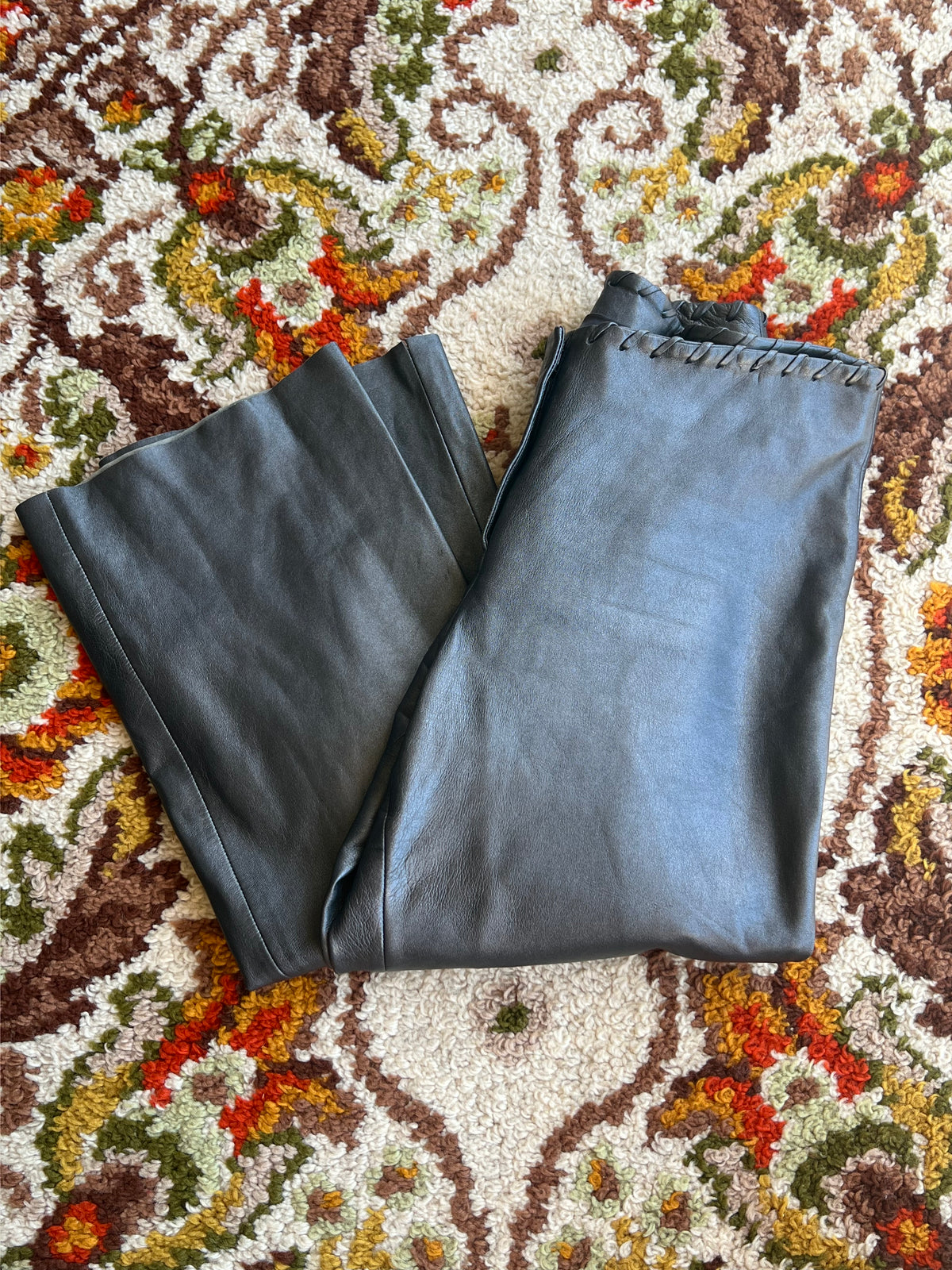 Vintage 1990s-Y2K Cache Silver Leather Low-Rise Flare Pants Size 6