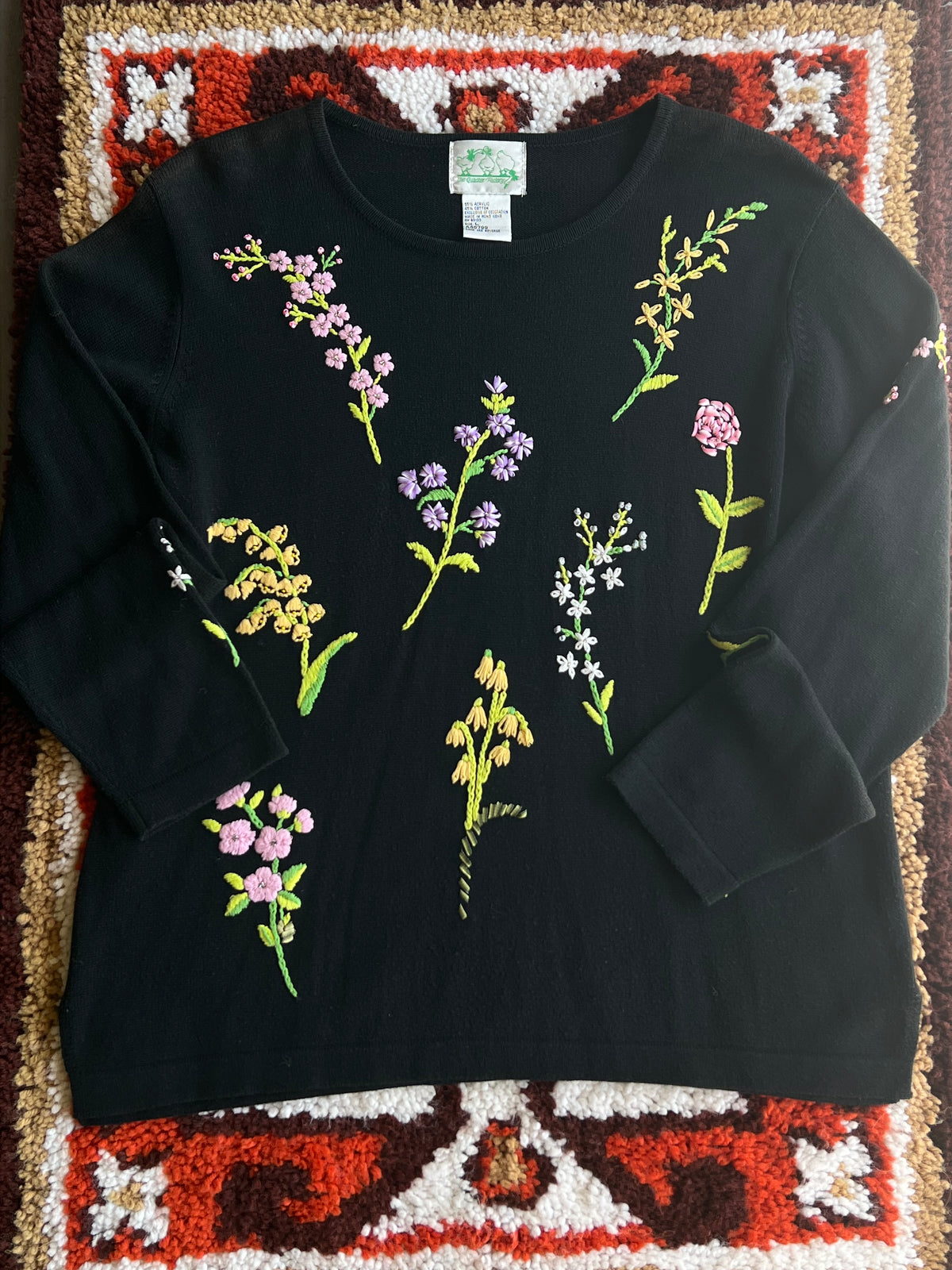 Vintage 1990s The Quacker Factory Black Floral Embroidered Sweater Size L