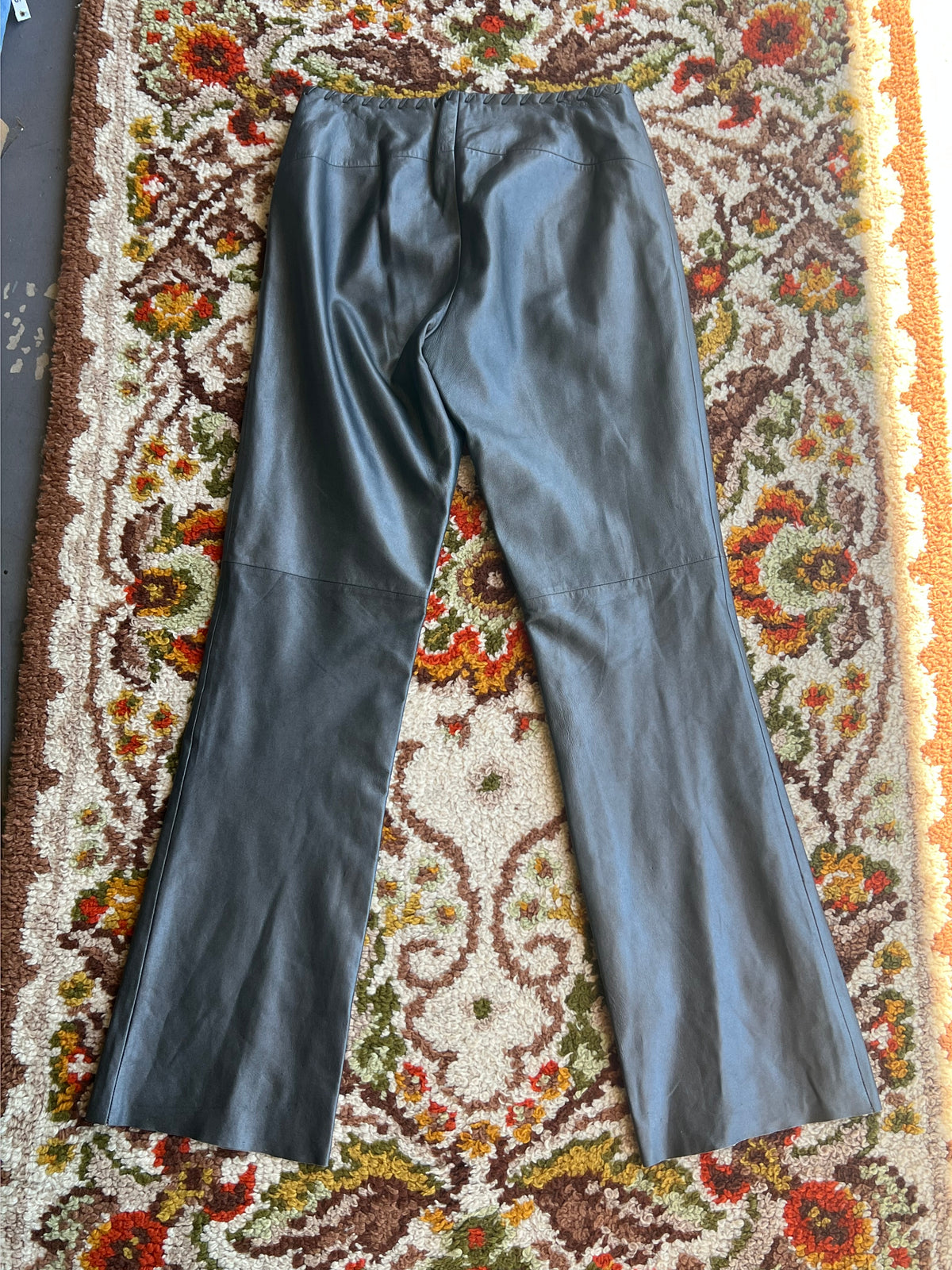 Vintage 1990s-Y2K Cache Silver Leather Low-Rise Flare Pants Size 6
