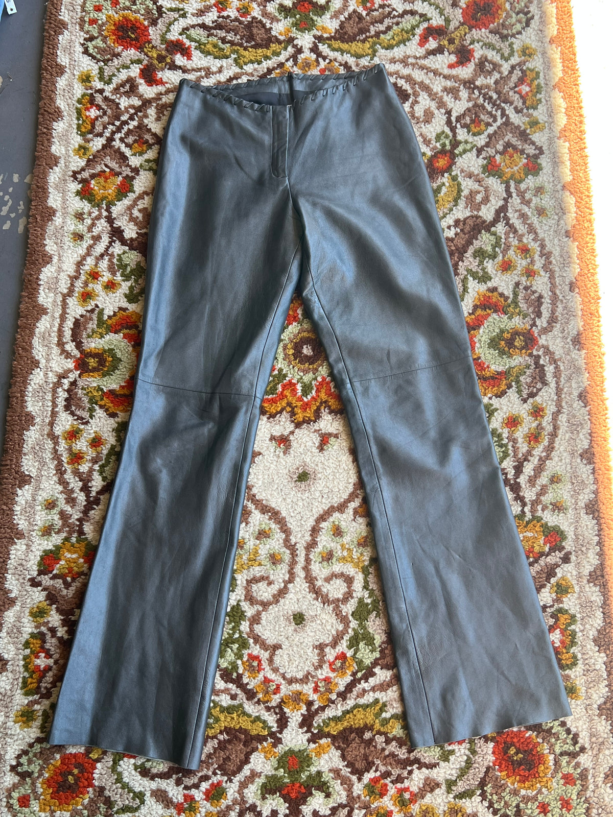 Vintage 1990s-Y2K Cache Silver Leather Low-Rise Flare Pants Size 6