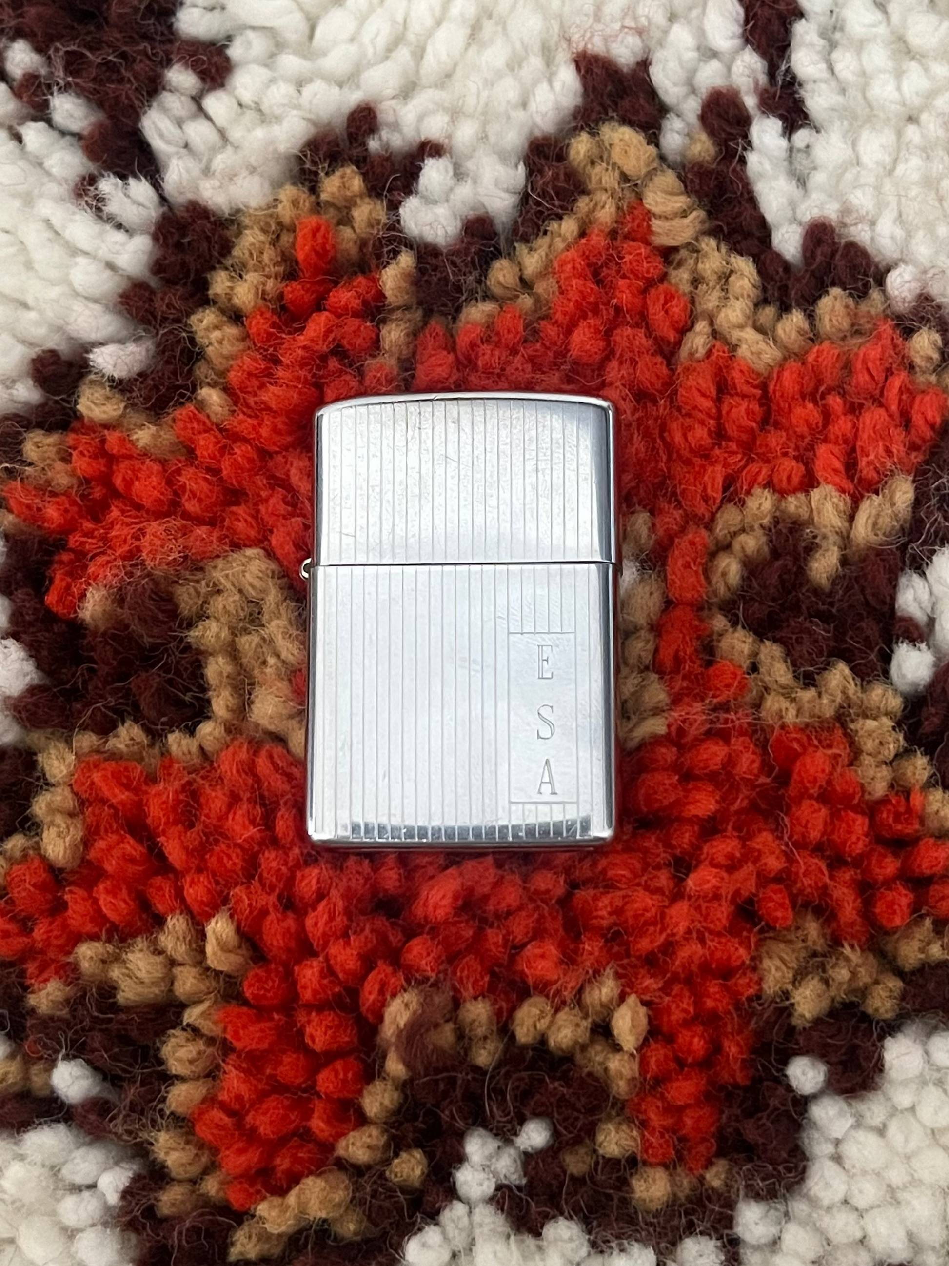Vintage 1970s Zippo Lighter – Silver Engraved Stripe, ESA Initials, USA Made