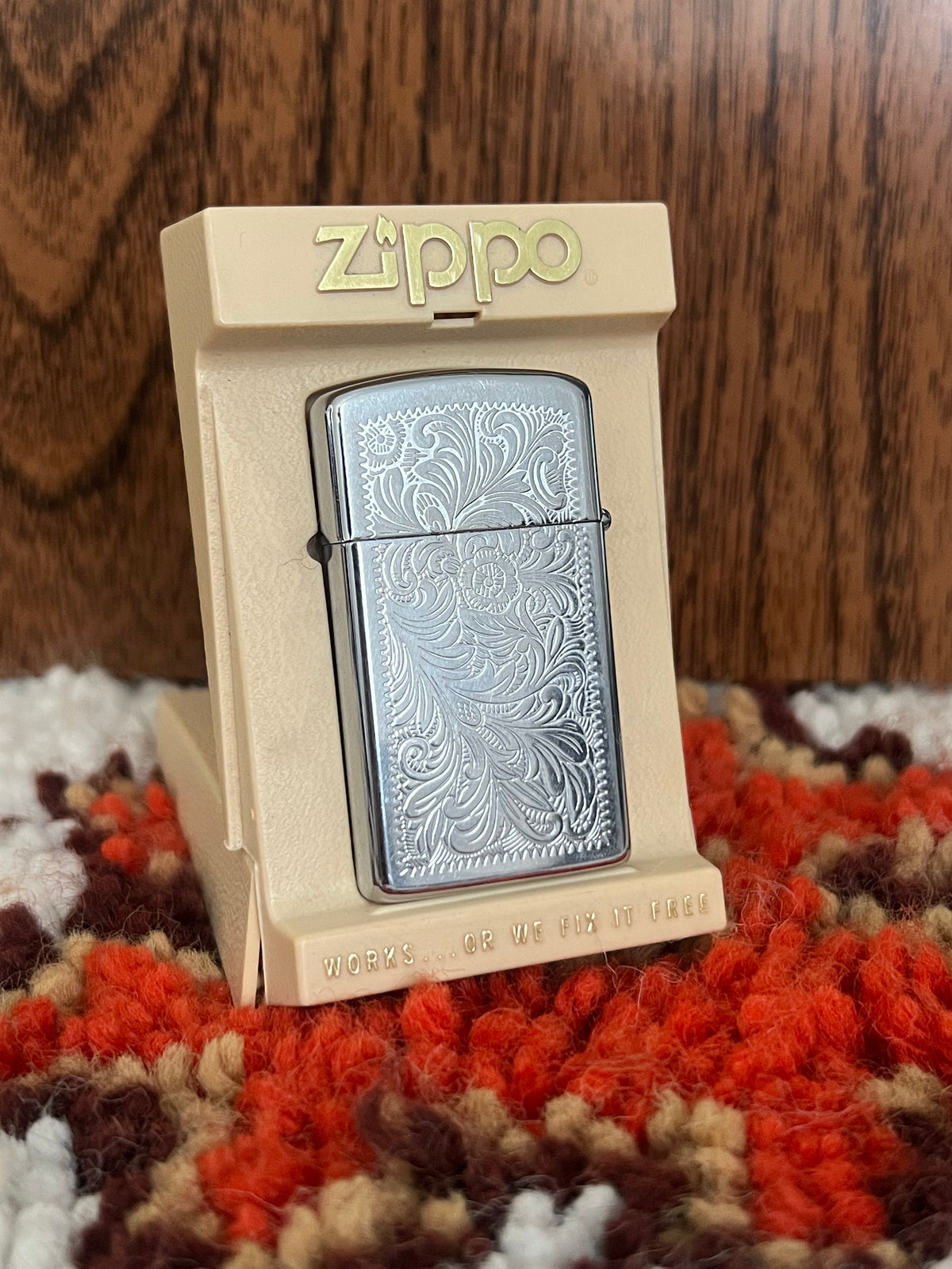 Vintage 1990s Slim Zippo Lighter – Silver Floral Paisley Design, USA Made