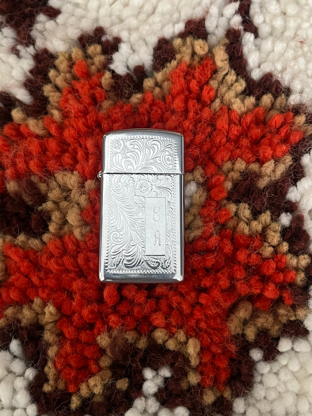 Vintage 1990s Slim Zippo Lighter – Silver Floral Paisley Design, USA Made
