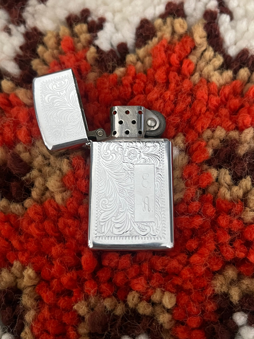 Vintage 1990s Slim Zippo Lighter – Silver Floral Paisley Design, USA Made