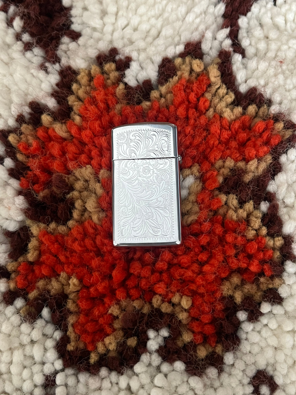 Vintage 1990s Slim Zippo Lighter – Silver Floral Paisley Design, USA Made