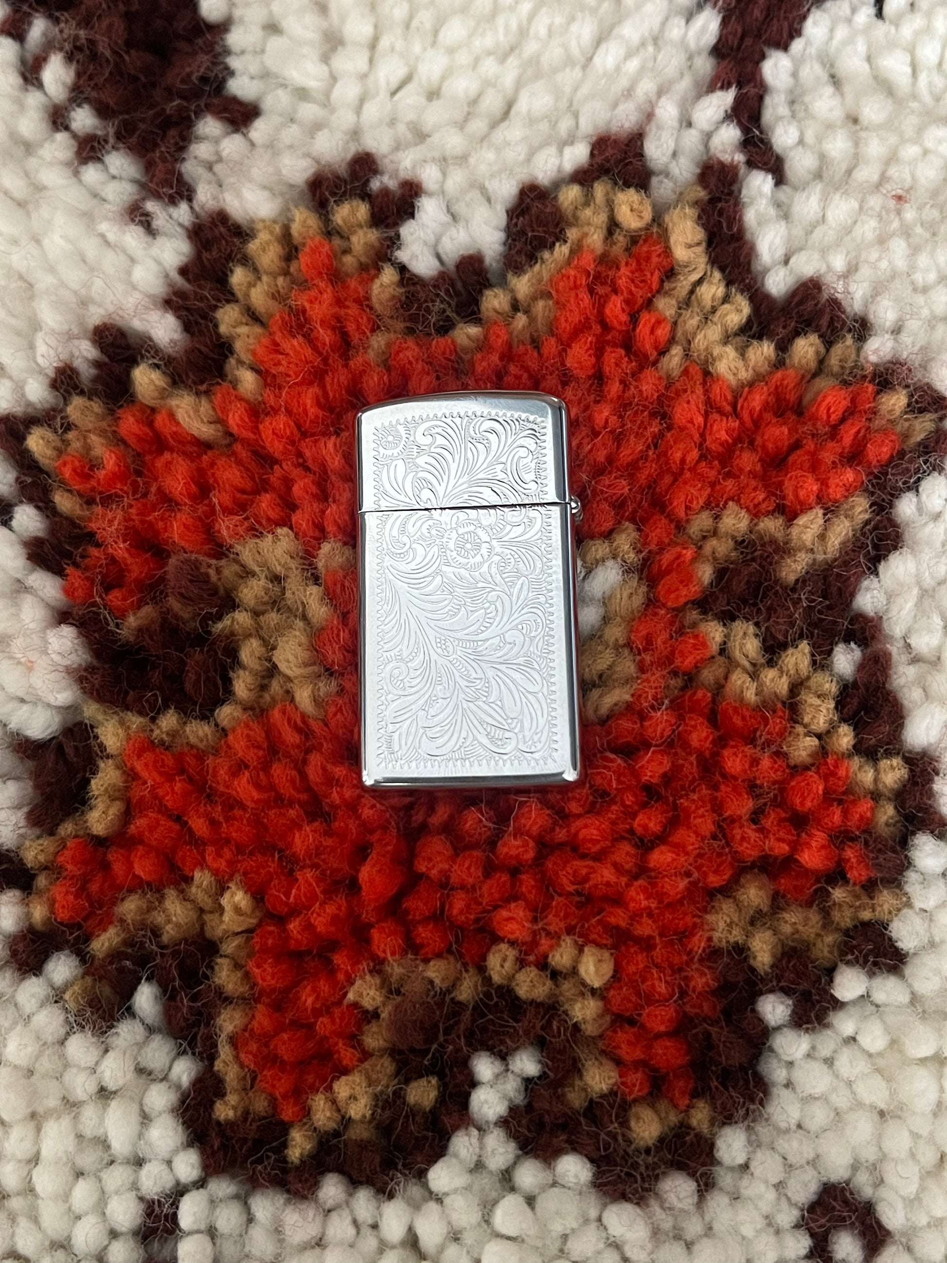 Vintage 1990s Slim Zippo Lighter – Silver Floral Paisley Design, USA Made
