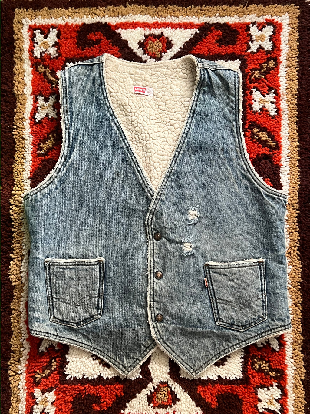 Vintage 1970s Levi's Light Wash Orange Tab Sherpa Lined Denim Vest Size L-MADE IN USA