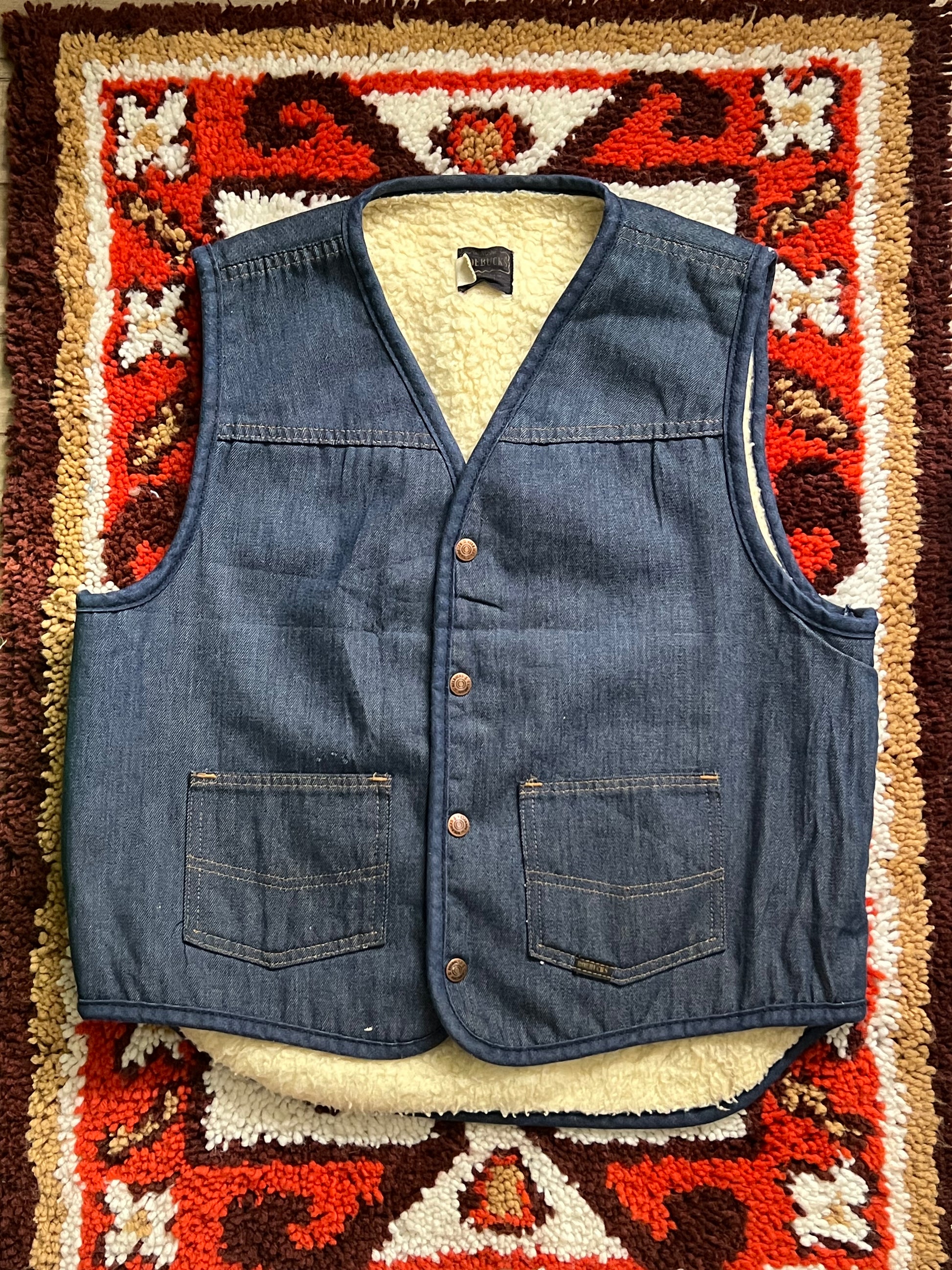 70's Vintage Sears Roebucks Dark Wash Denim Vest- Sherpa Lined, USA Made