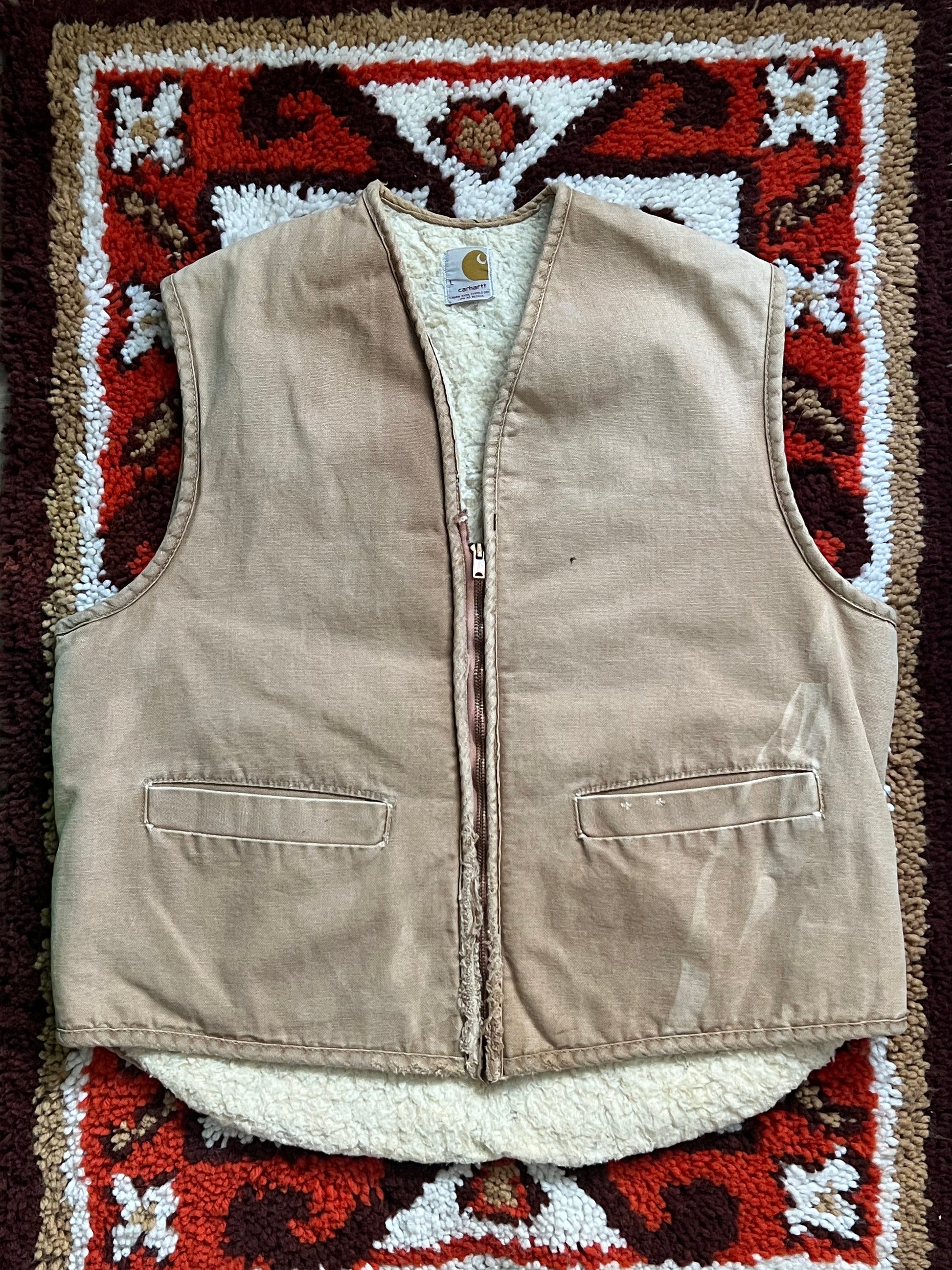 80's Vintage Carhartt Tan Canvas Vest- Sherpa Lined, USA Made