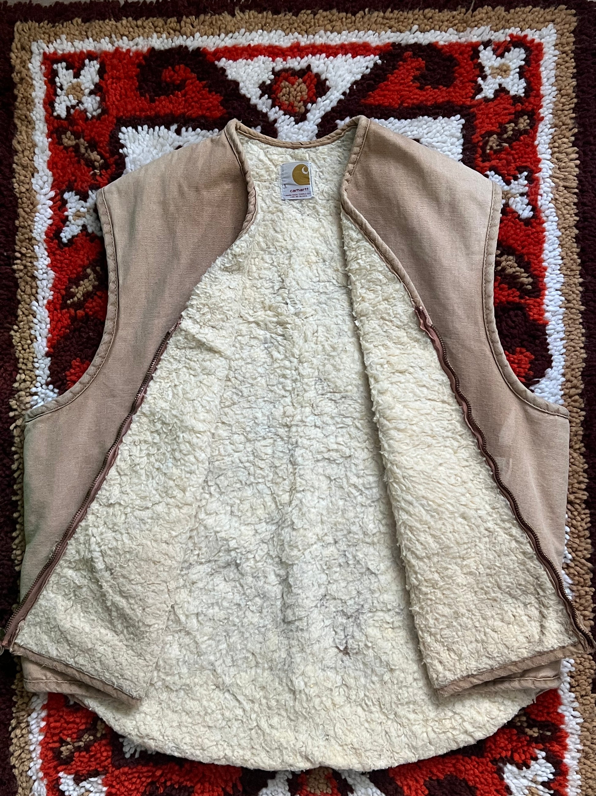 80's Vintage Carhartt Tan Canvas Vest- Sherpa Lined, USA Made