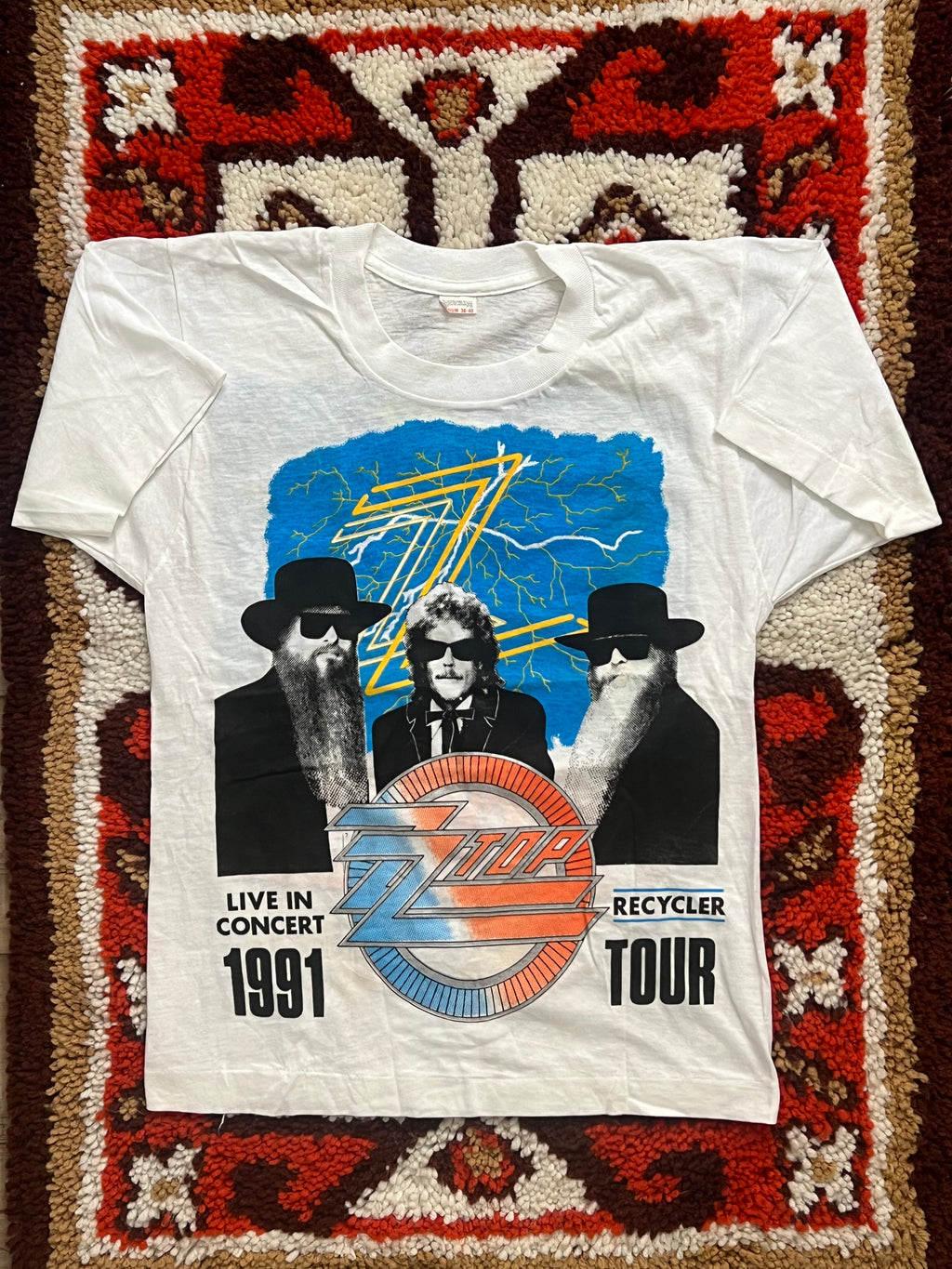 Vintage 1991 White/Blue/Orange Official ZZ Top Recycler Tour Single Stitch Band T-Shirt Size M-MADE IN USA