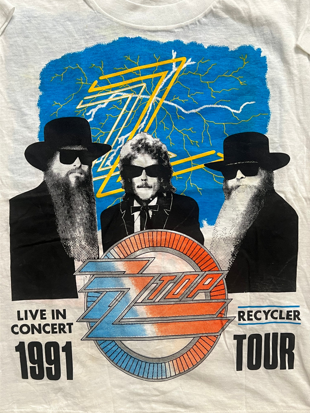 Vintage 1991 White/Blue/Orange Official ZZ Top Recycler Tour Single Stitch Band T-Shirt Size M-MADE IN USA