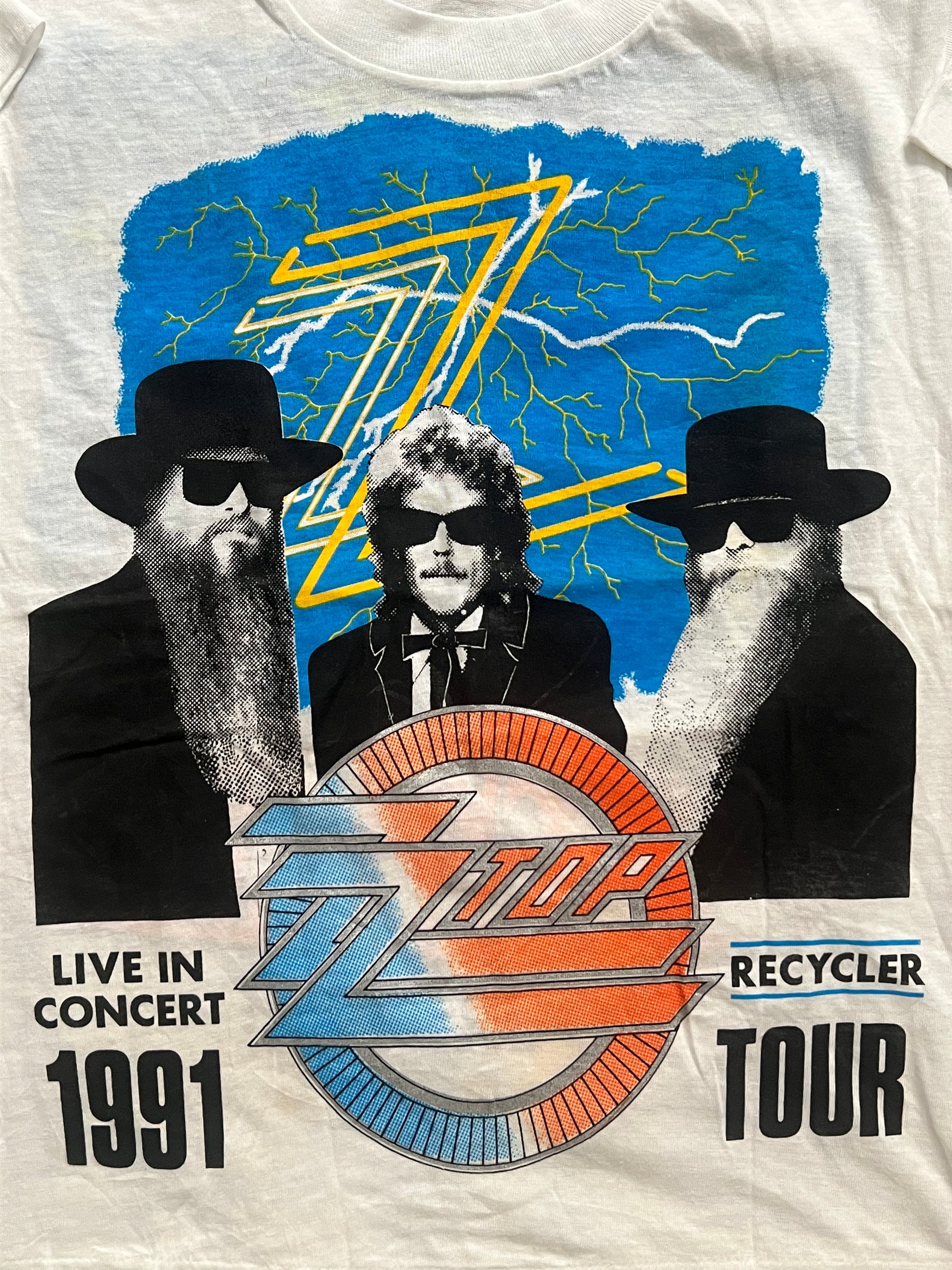 Vintage 1991 White/Blue/Orange Official ZZ Top Recycler Tour Single Stitch Band T-Shirt Size M-MADE IN USA
