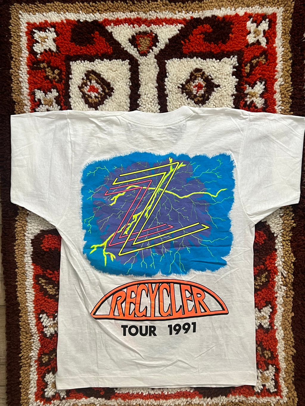 Vintage 1991 White/Blue/Orange Official ZZ Top Recycler Tour Single Stitch Band T-Shirt Size M-MADE IN USA