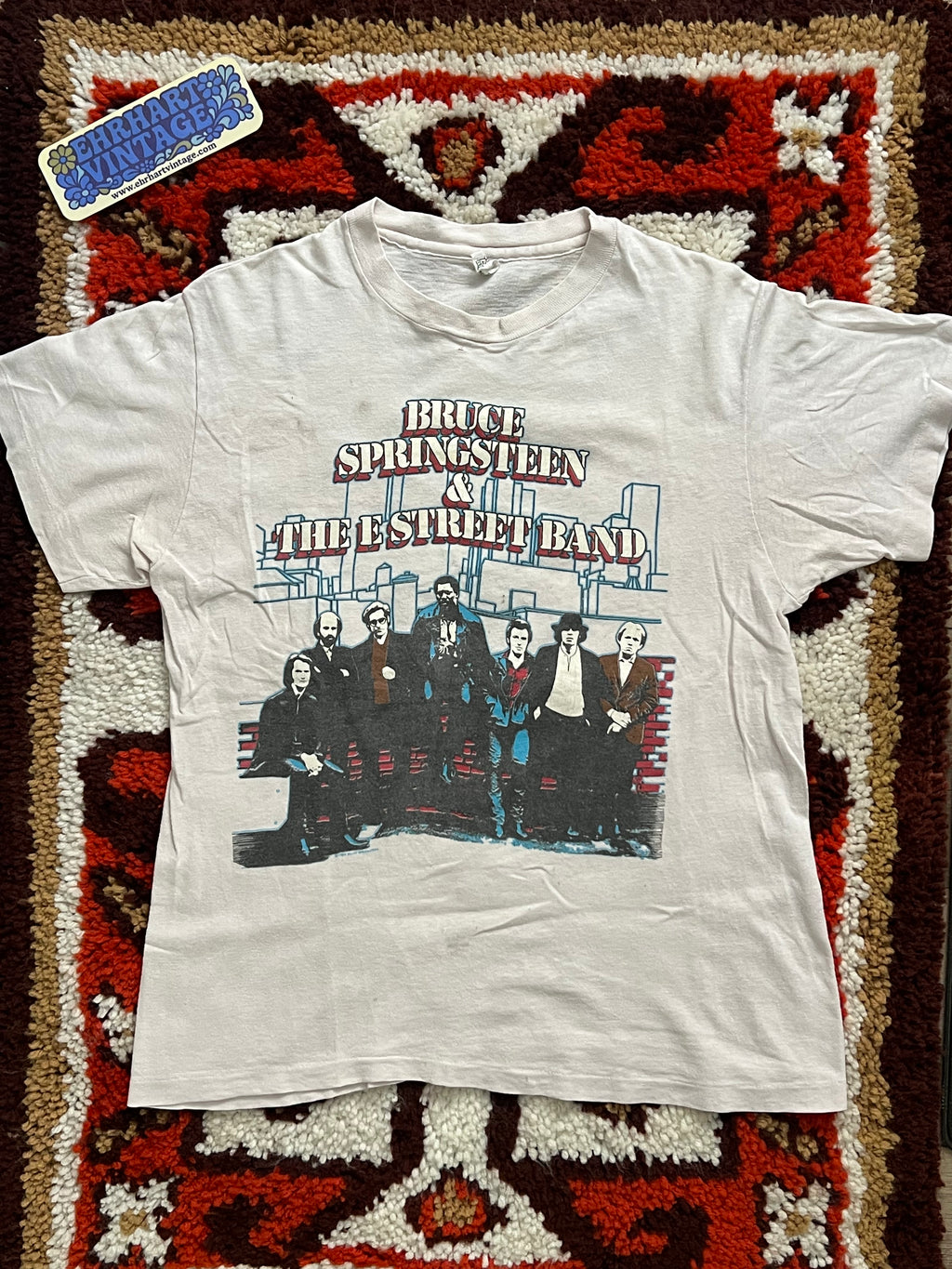 Vintage 1980s Hanes Cream/Red/Blue Bruce Springsteen & The E St. Band Single Stitch Band T-Shirt Size M- MADE IN USA