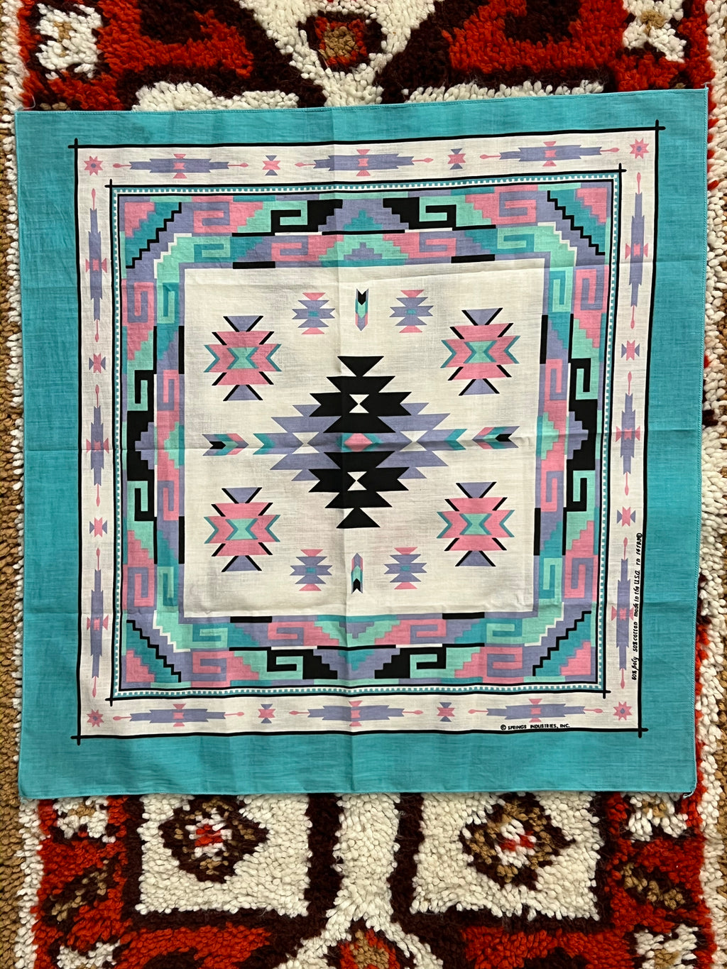 1980s Vintage Springs Industries Inc Blue/Pink Southwestern Print Bandana- MADE IN USA