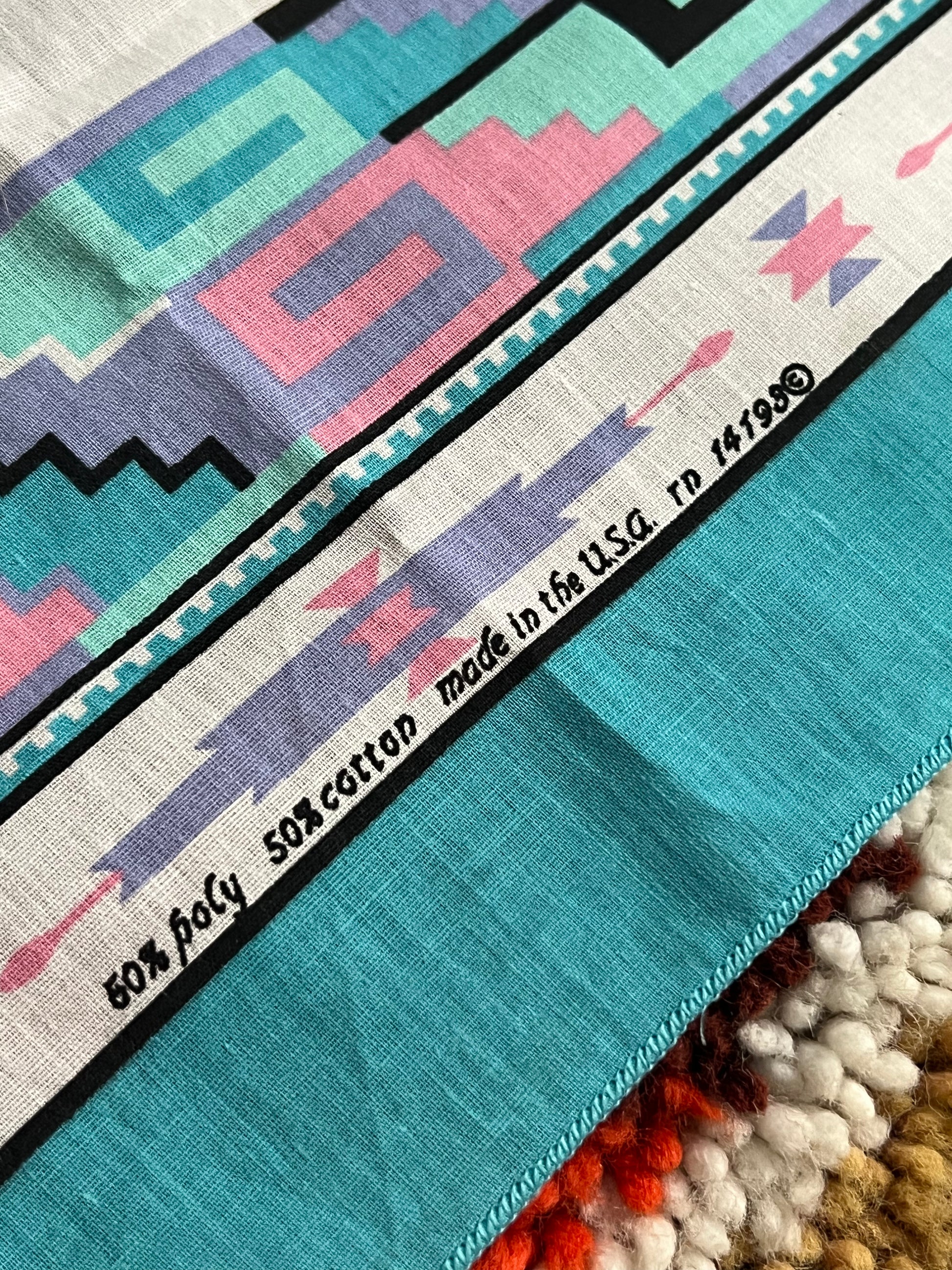1980s Vintage Springs Industries Inc Blue/Pink Southwestern Print Bandana- MADE IN USA
