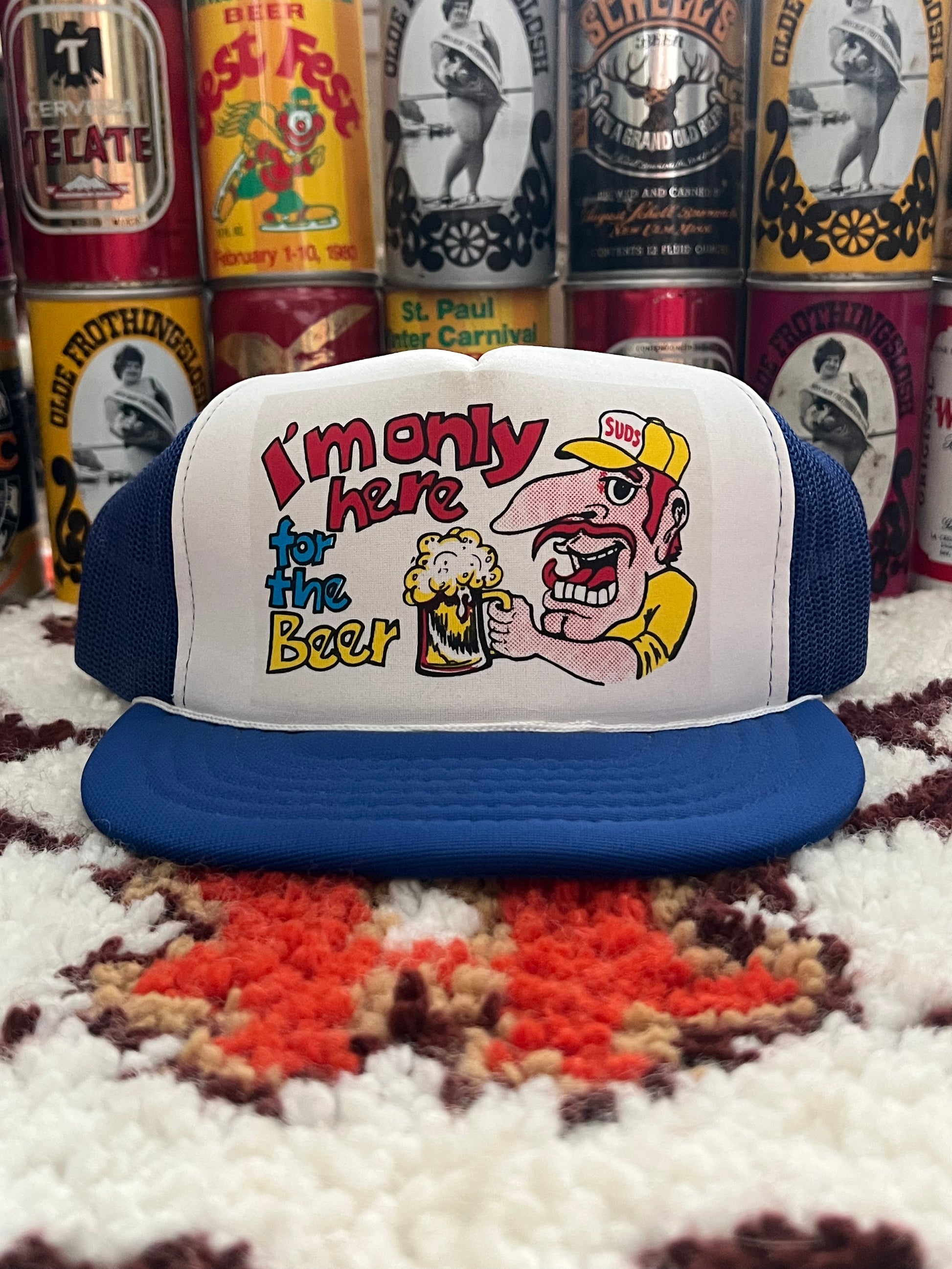 1980s Vintage Yupoong I'm Only Here For The Beer Trucker Hat