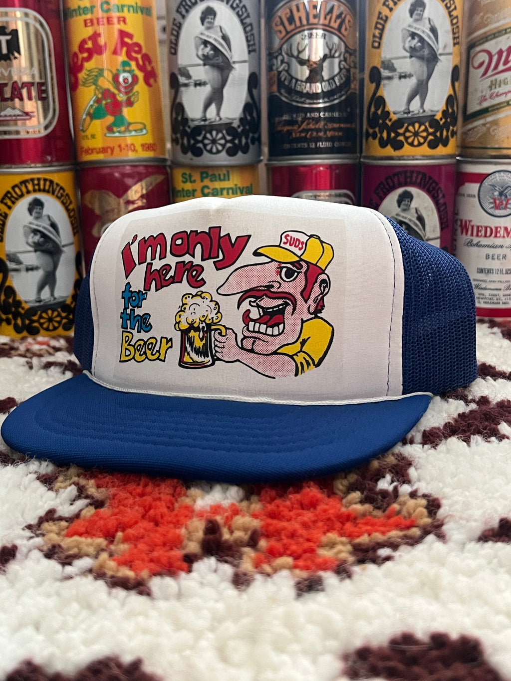 1980s Vintage Yupoong I'm Only Here For The Beer Trucker Hat