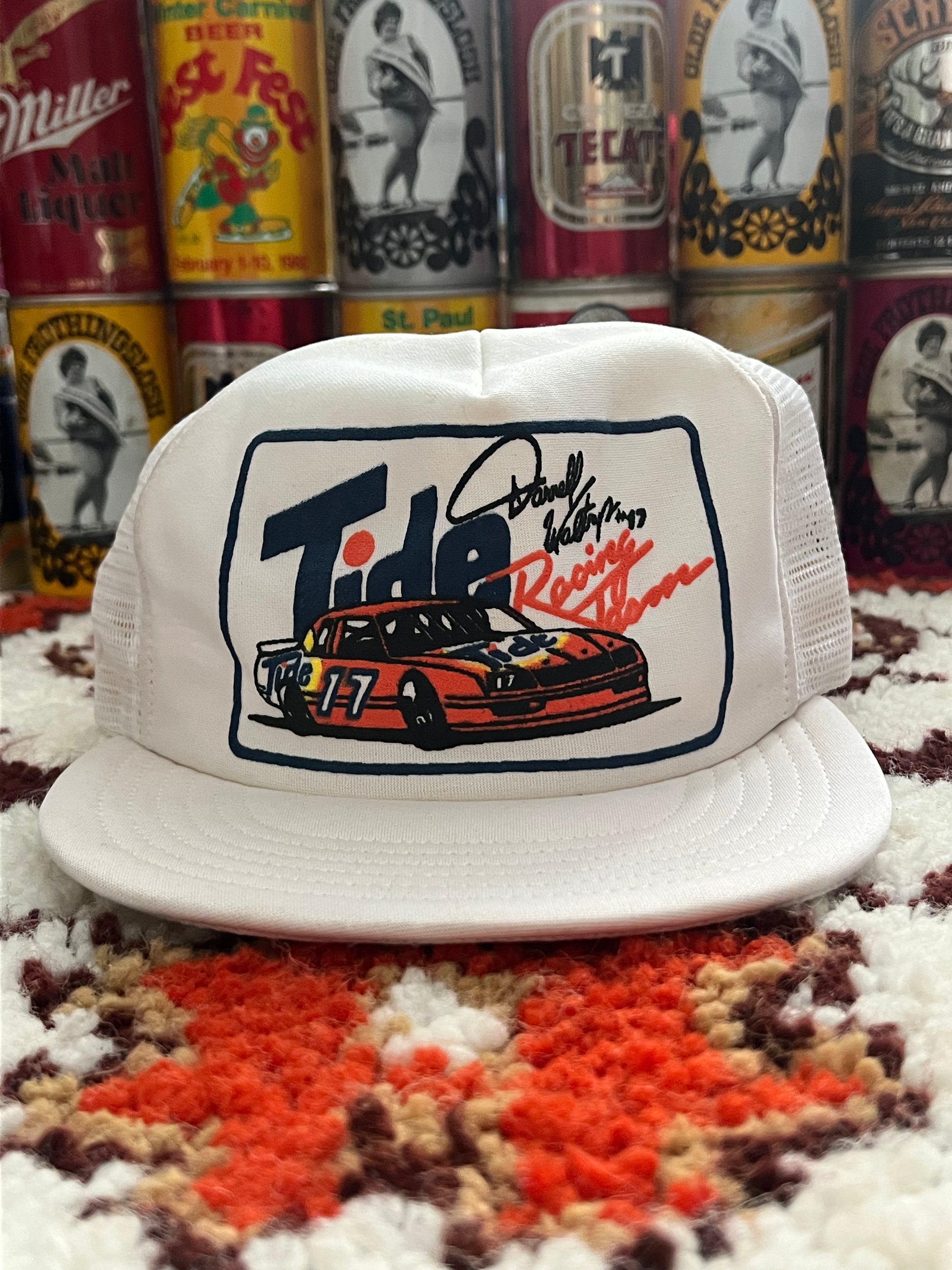 1980s Adjust-A-Tab White Nascar Darrell Waltrip Trucker Hat- MADE IN USA