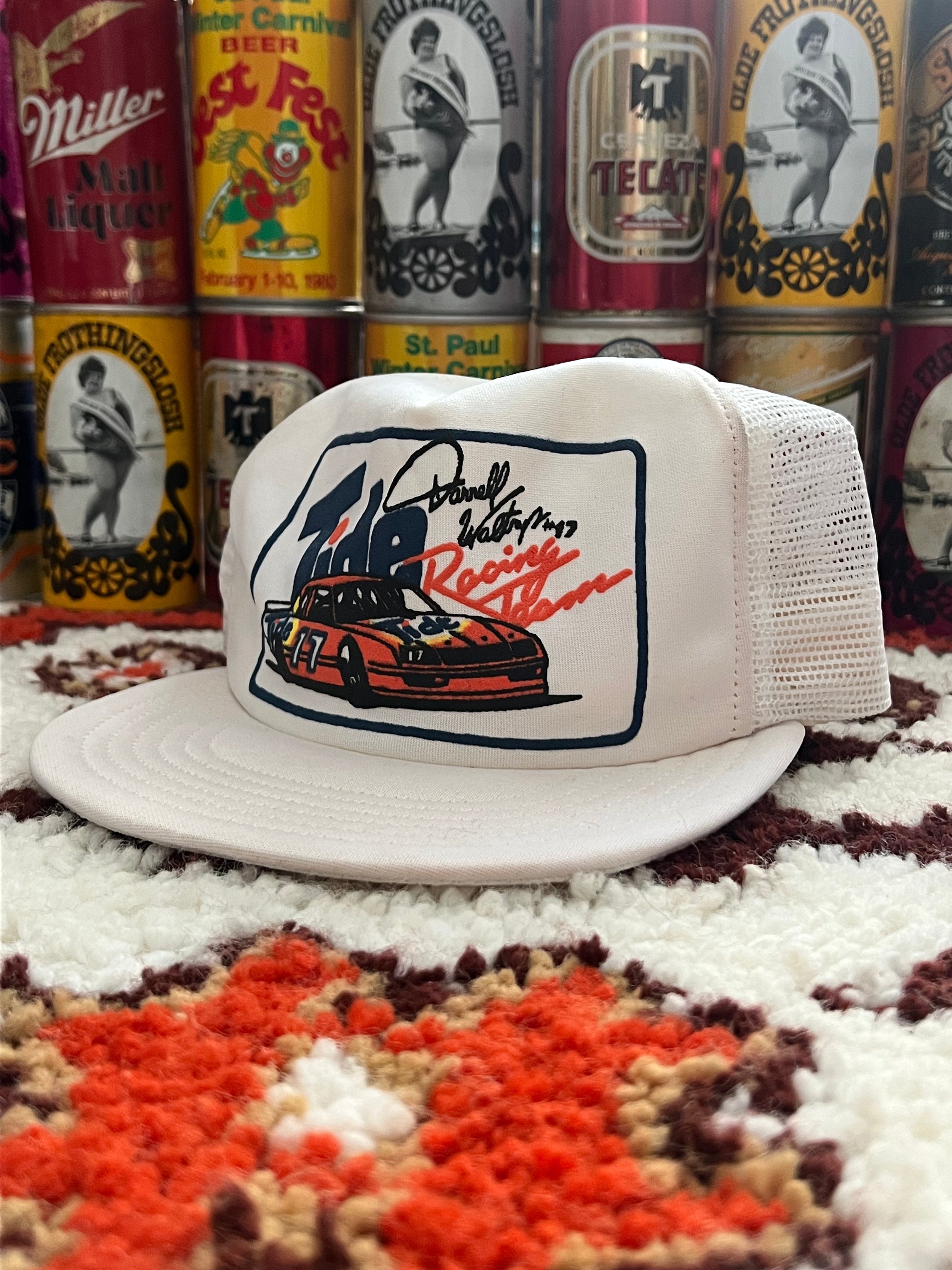 1980s Adjust-A-Tab White Nascar Darrell Waltrip Trucker Hat- MADE IN USA