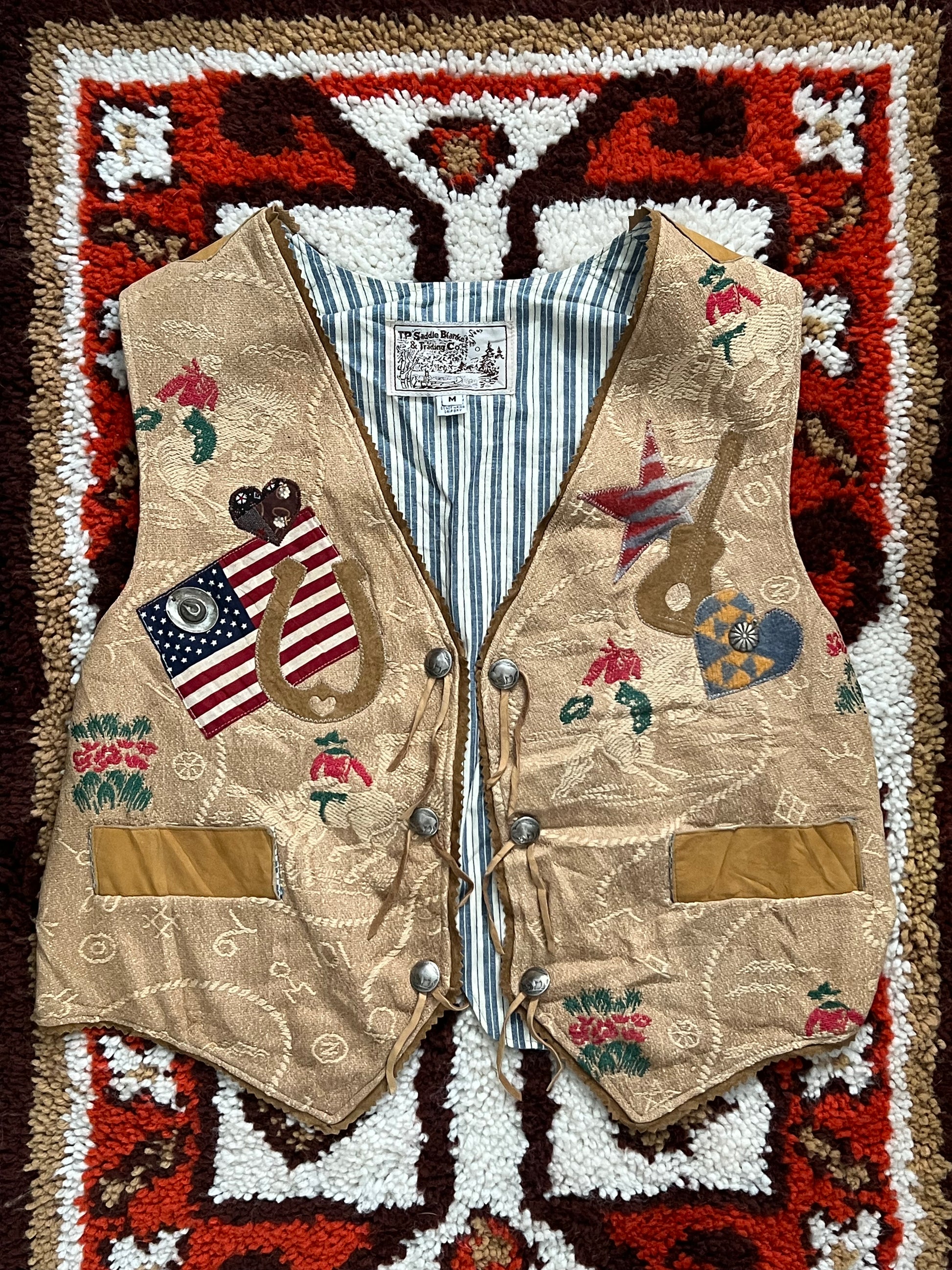 Vintage 1980s TP Saddle Blanket & Trading Co Tan Patchwork Vest Size M- MADE IN USA