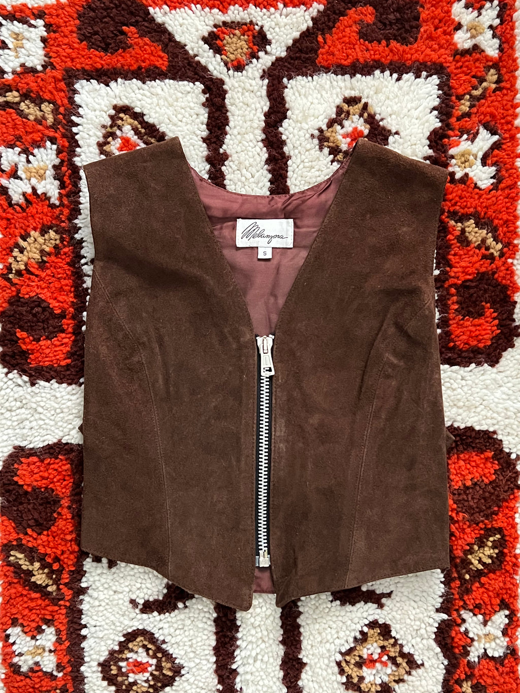 Vintage 1980S Melanzona Brown Suede Pouch Vest Size S-MADE IN USA