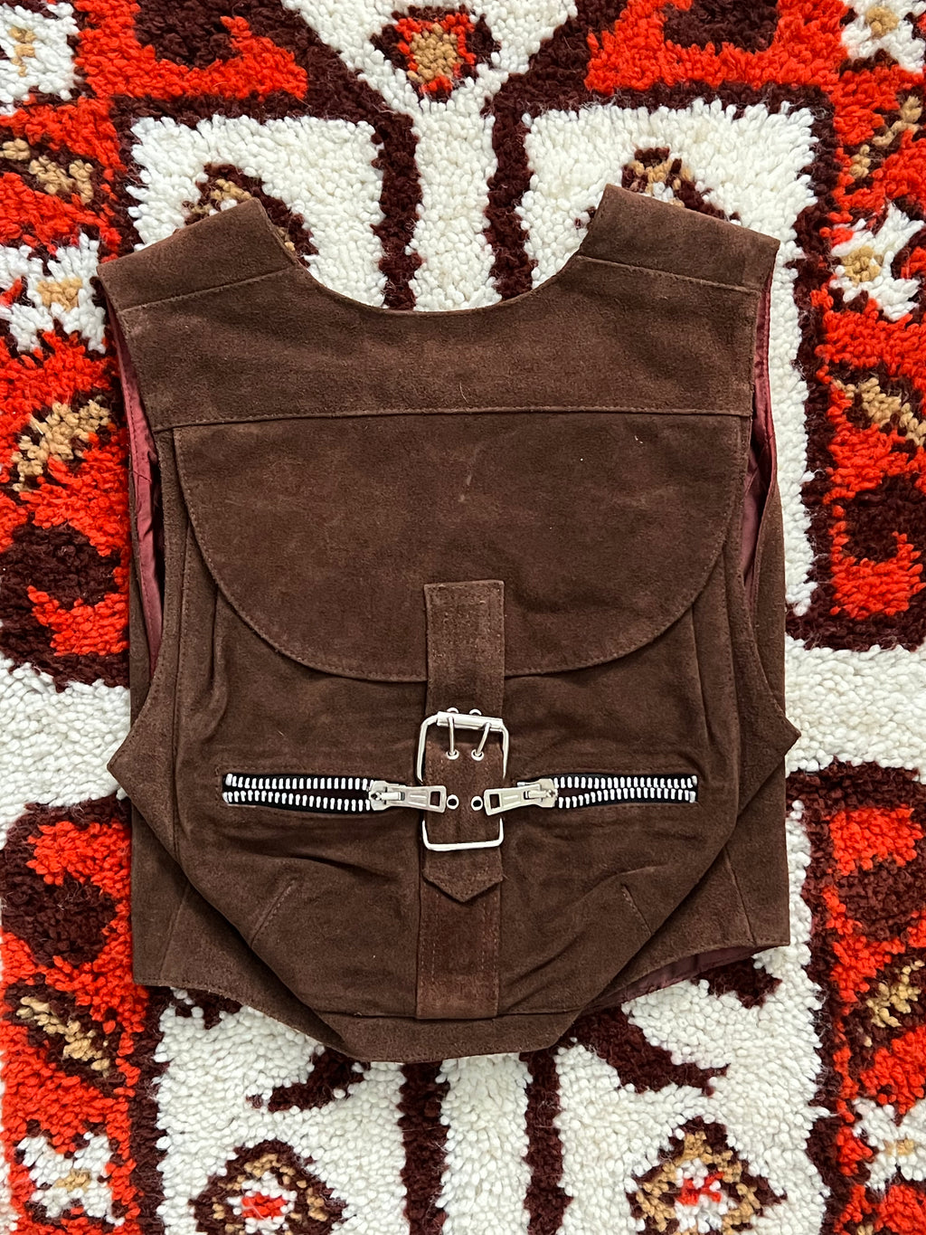 Vintage 1980S Melanzona Brown Suede Pouch Vest Size S-MADE IN USA