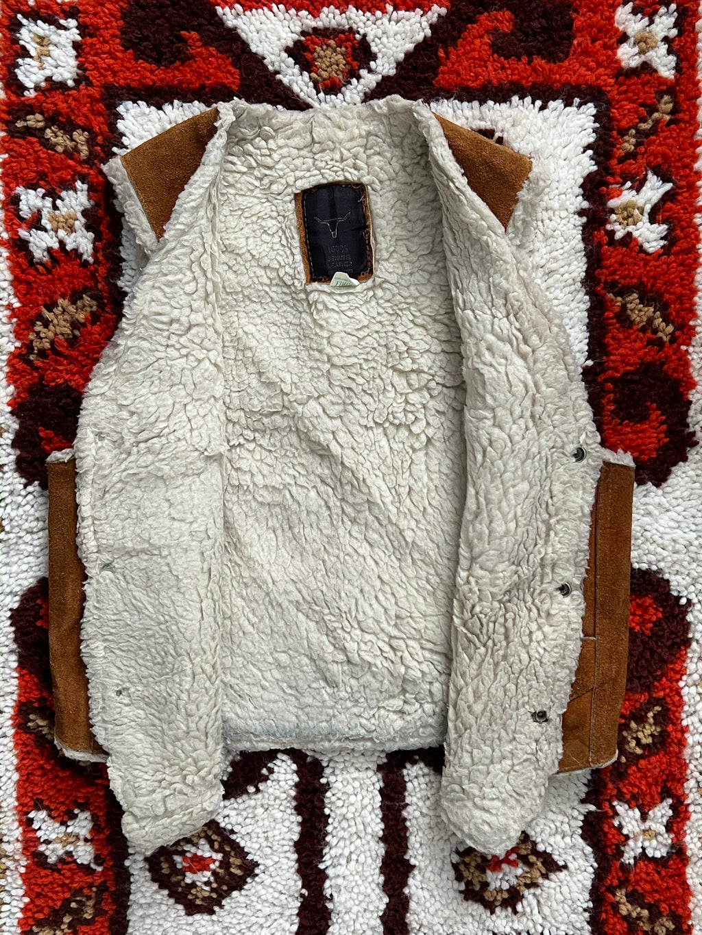 Vintage 1970s Saddle Tan Sherpa Lined Leather Vest Size M-MADE IN MEXICO