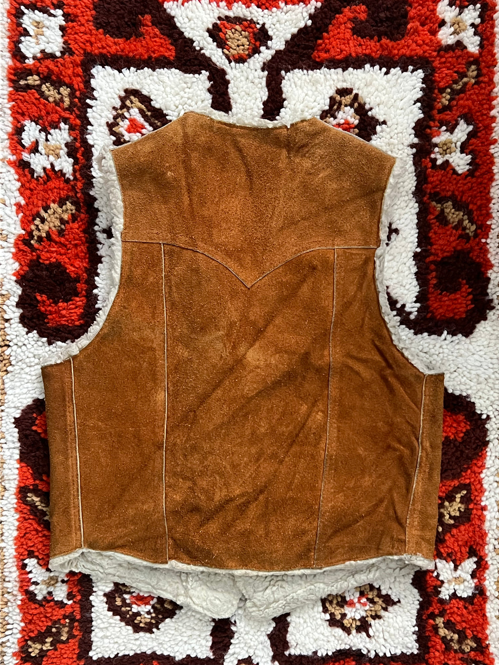 Vintage 1970s Saddle Tan Sherpa Lined Leather Vest Size M-MADE IN MEXICO
