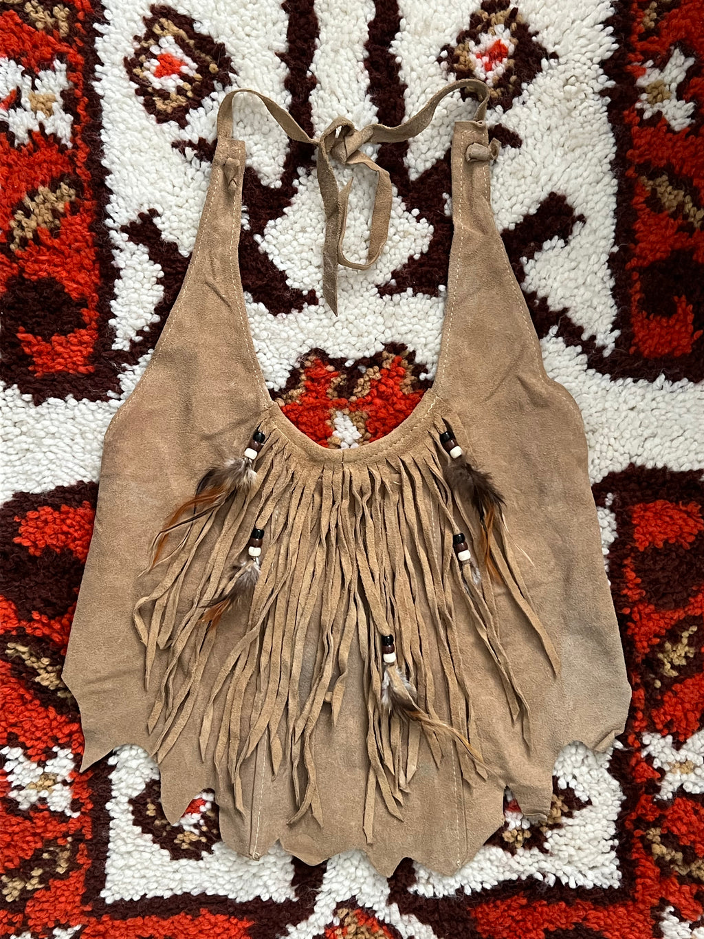 1970s HB Tan Suede Fringe And Beaded Tie Top M-MADE IN USA