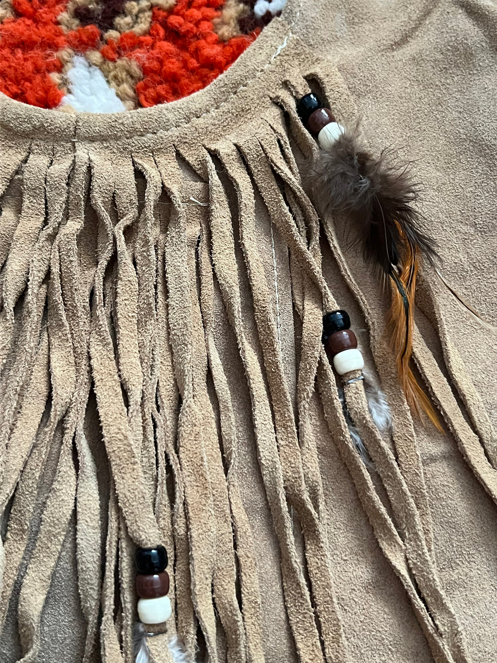 1970s HB Tan Suede Fringe And Beaded Tie Top M-MADE IN USA
