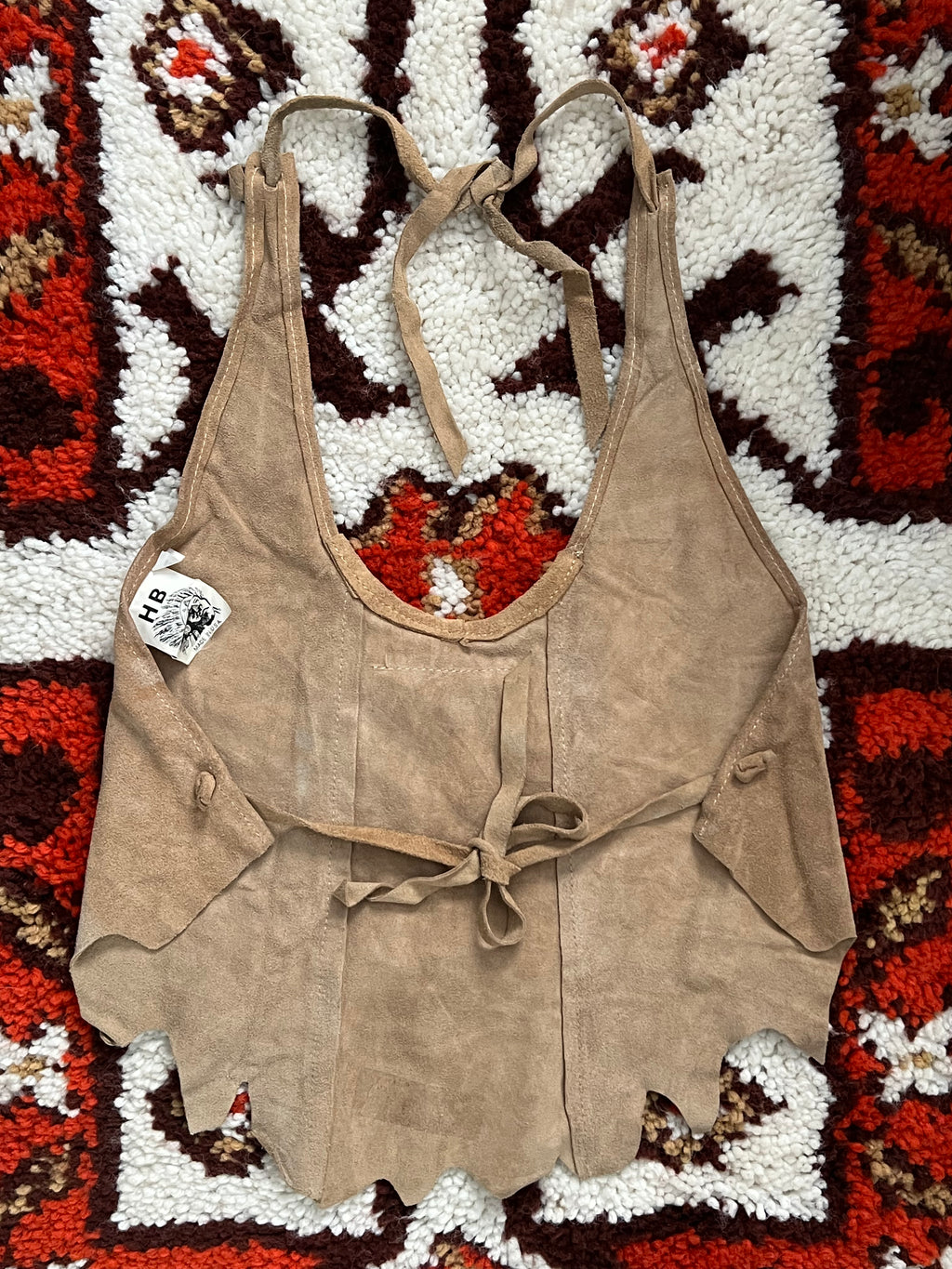 1970s HB Tan Suede Fringe And Beaded Tie Top M-MADE IN USA