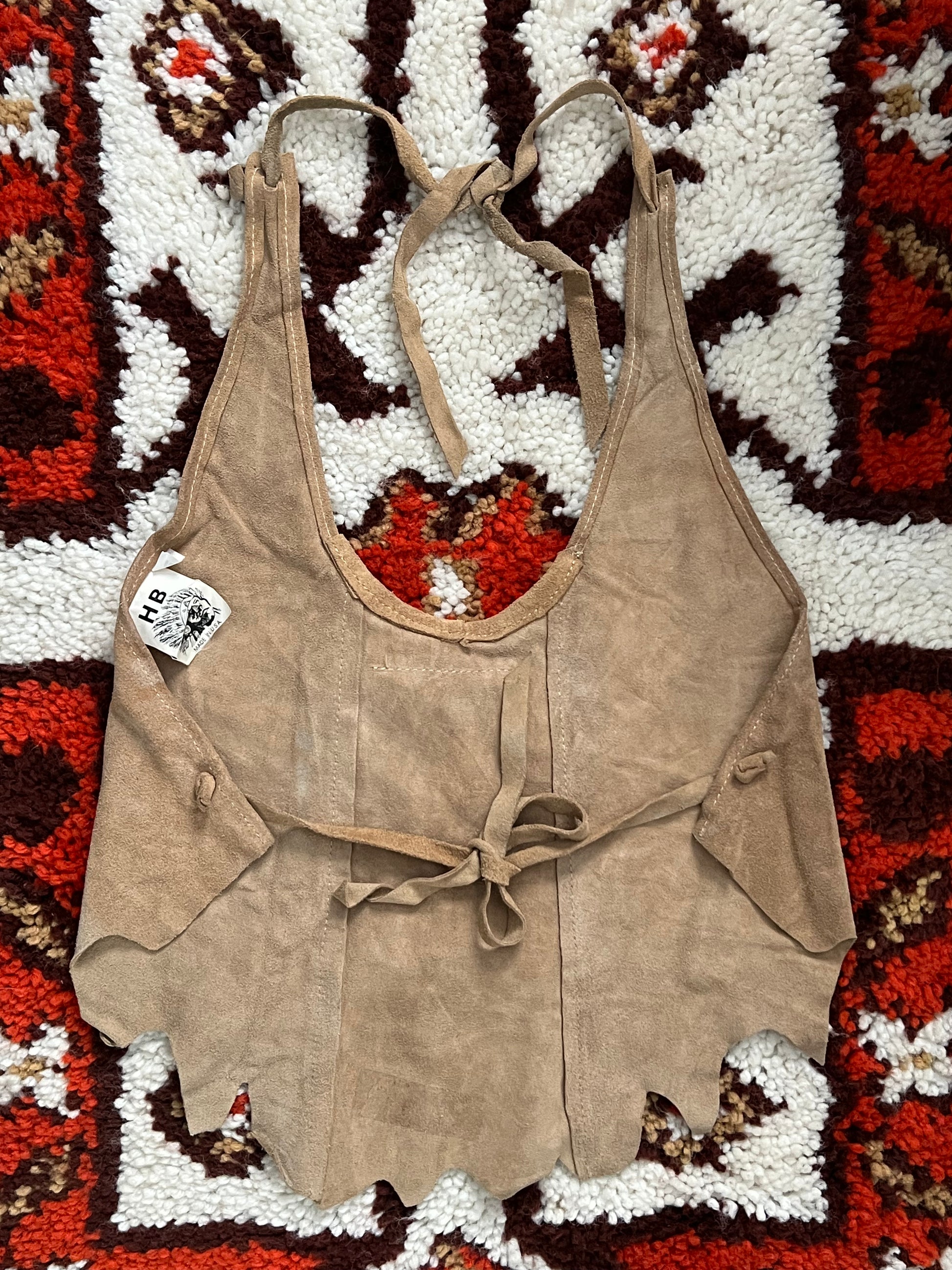 1970s HB Tan Suede Fringe And Beaded Tie Top M-MADE IN USA