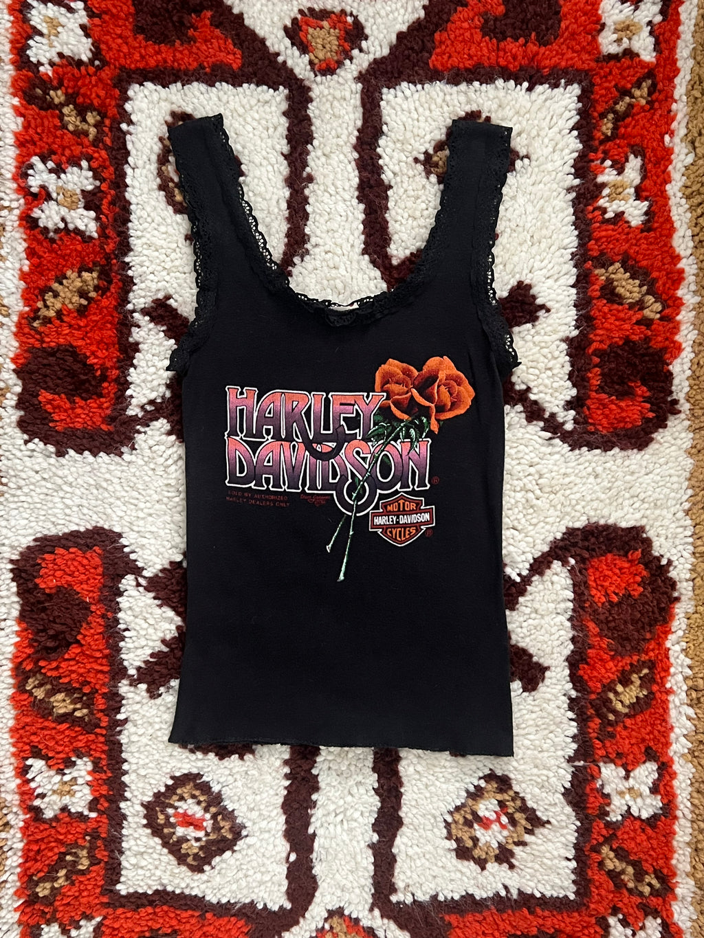 Vintage 1989 Screen Stars Black/Rose Harley Davidson Lace Tank Top S-MADE IN USA