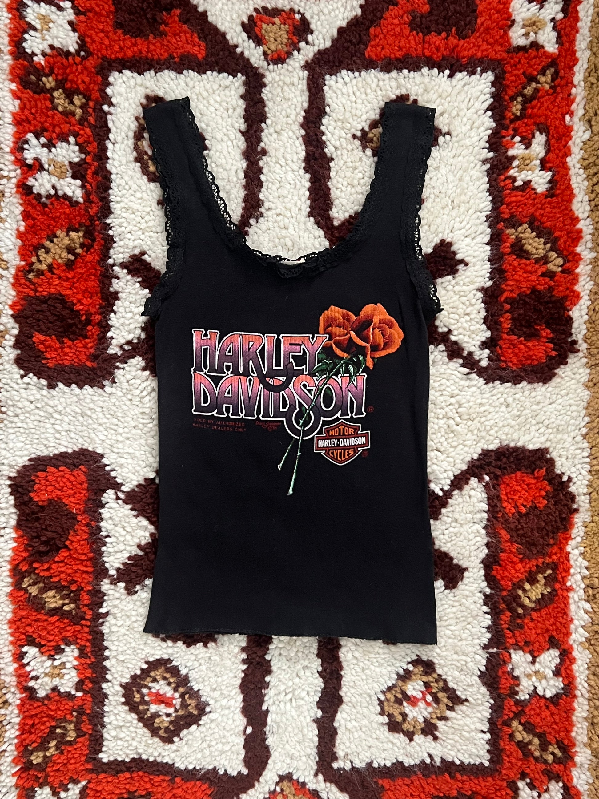Vintage 1989 Screen Stars Black/Rose Harley Davidson Lace Tank Top S-MADE IN USA