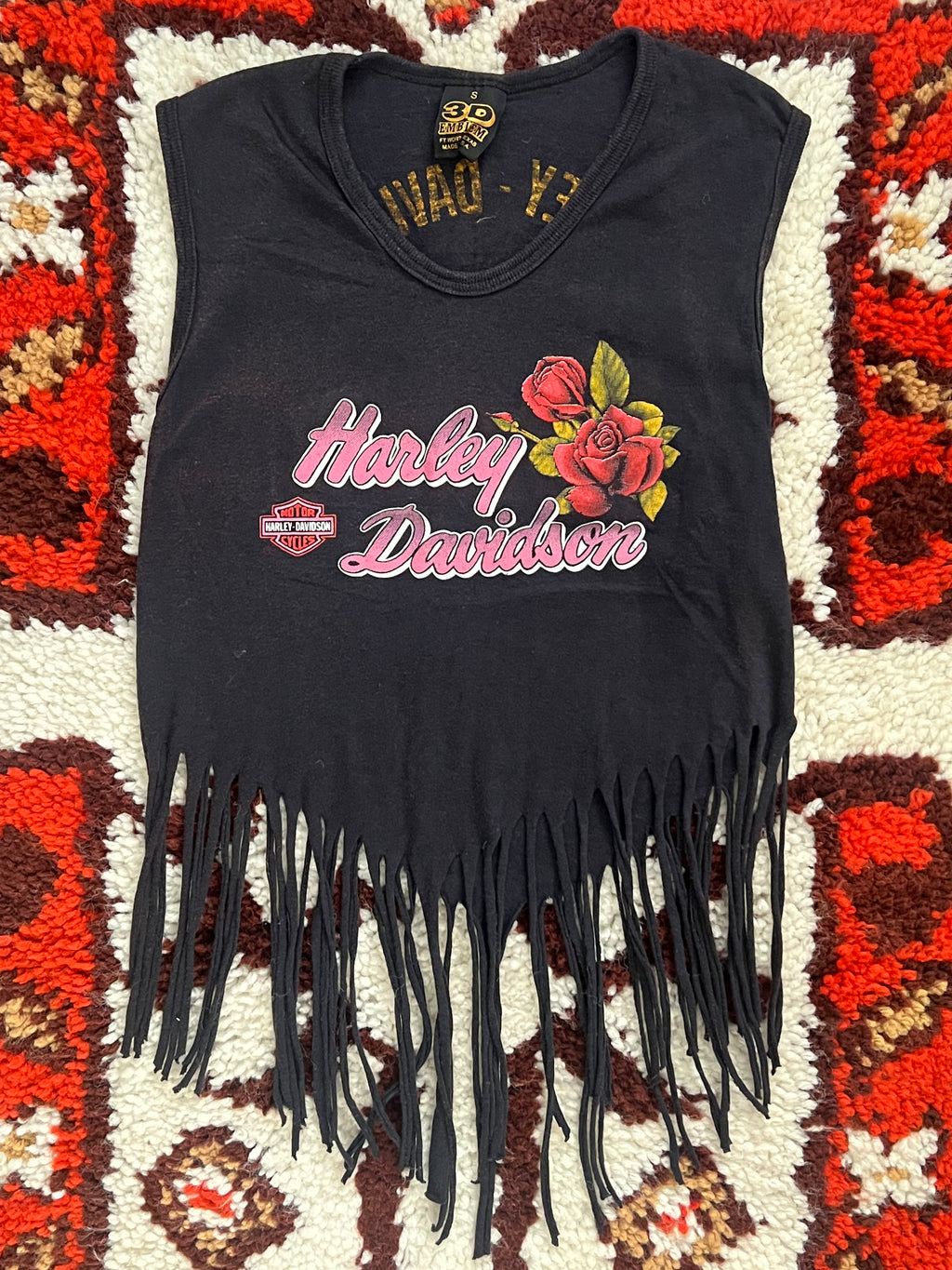 1980s Vintage 3D Emblem Pink/Purple Floral Customized Black Cropped Tank  S-MADE IN USA