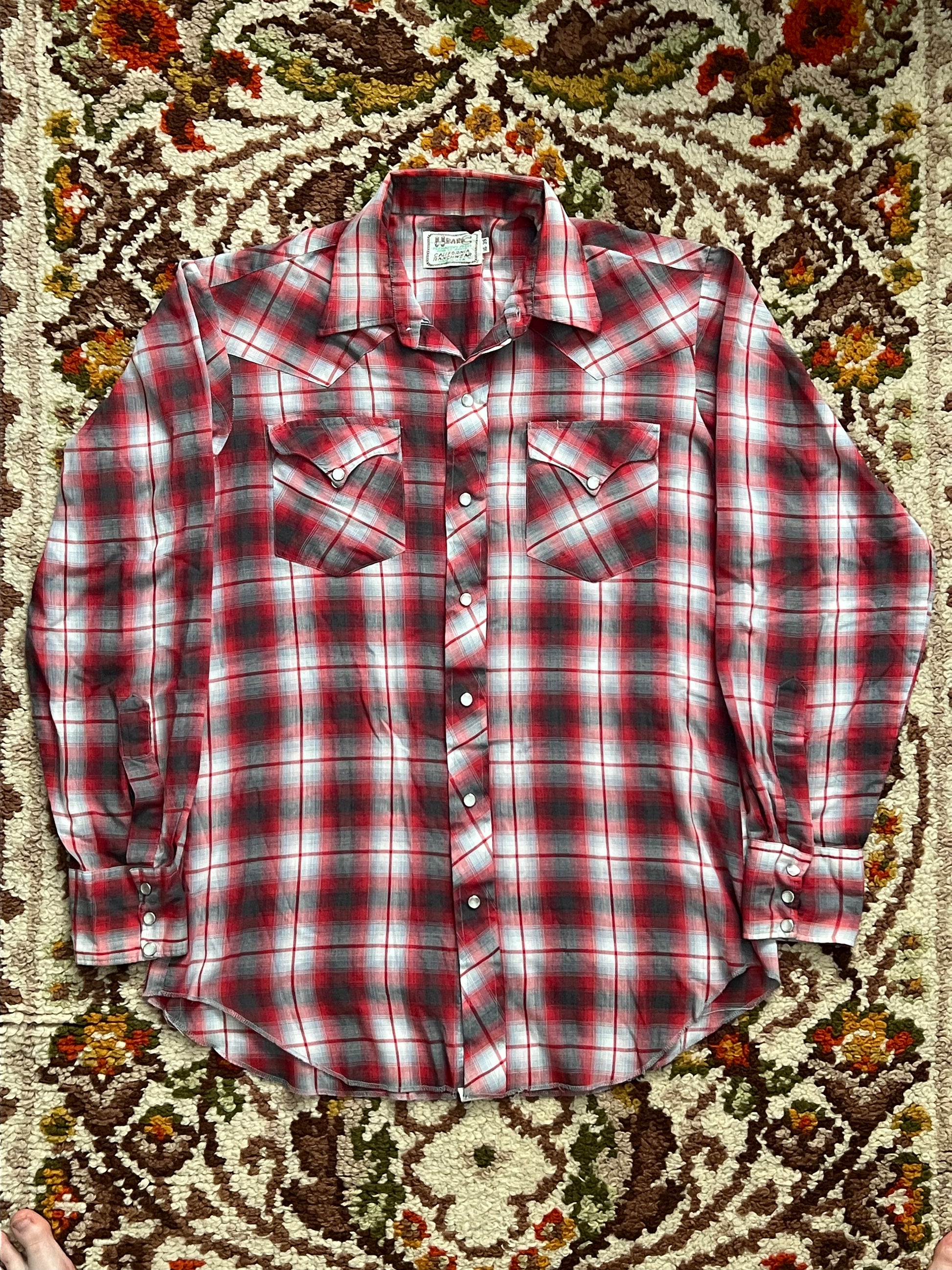 1970s Vintage H Bar C Permanent Press Red/Gray Shadow Plaid Pearl Snap M-L- MADE IN USA