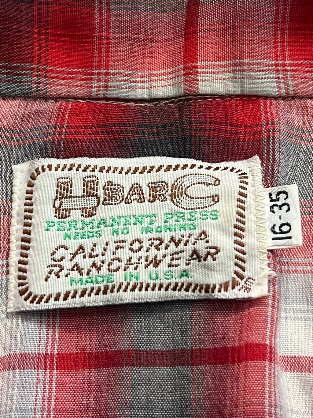 1970s Vintage H Bar C Permanent Press Red/Gray Shadow Plaid Pearl Snap M-L- MADE IN USA