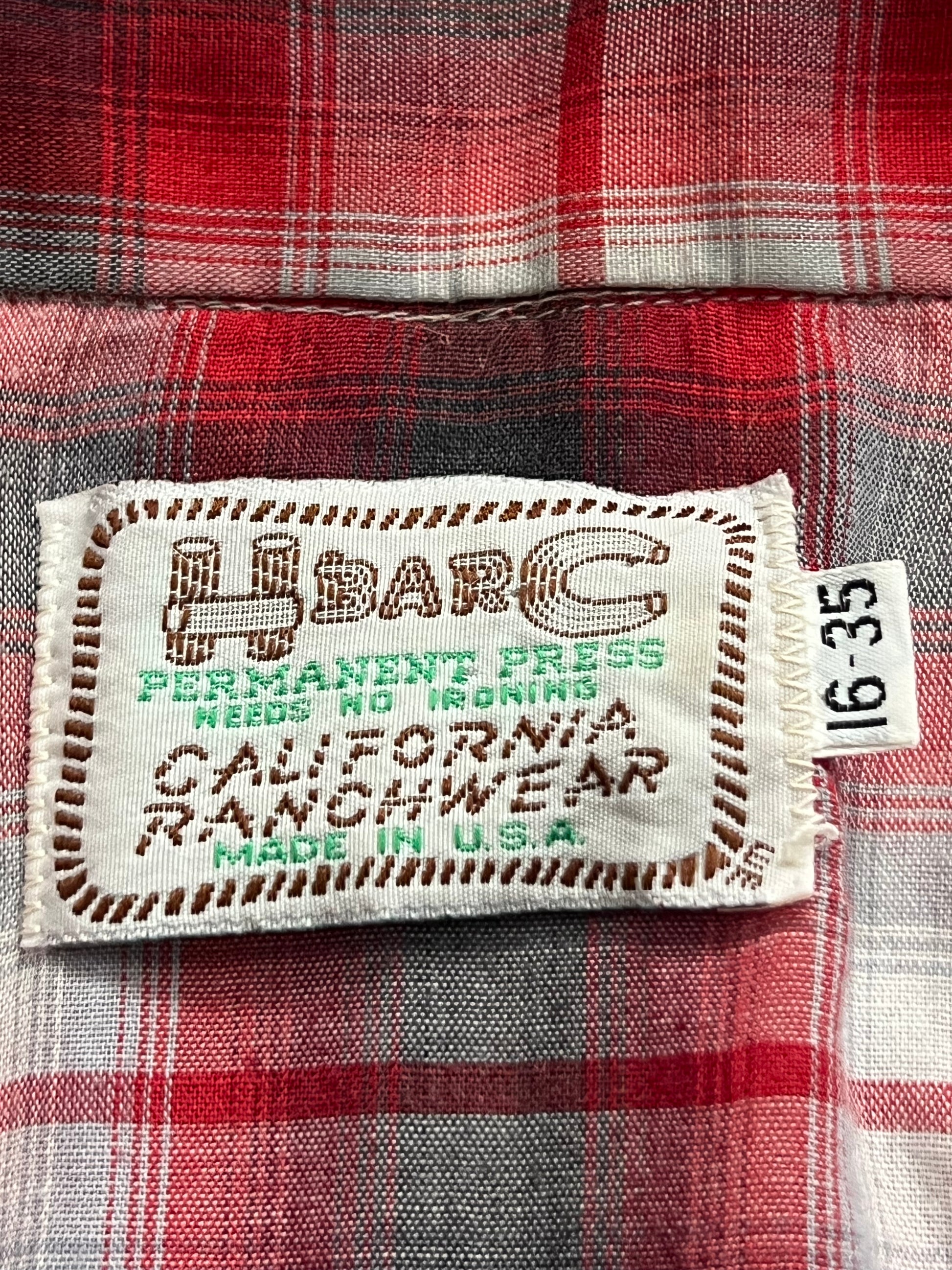1970s Vintage H Bar C Permanent Press Red/Gray Shadow Plaid Pearl Snap M-L- MADE IN USA