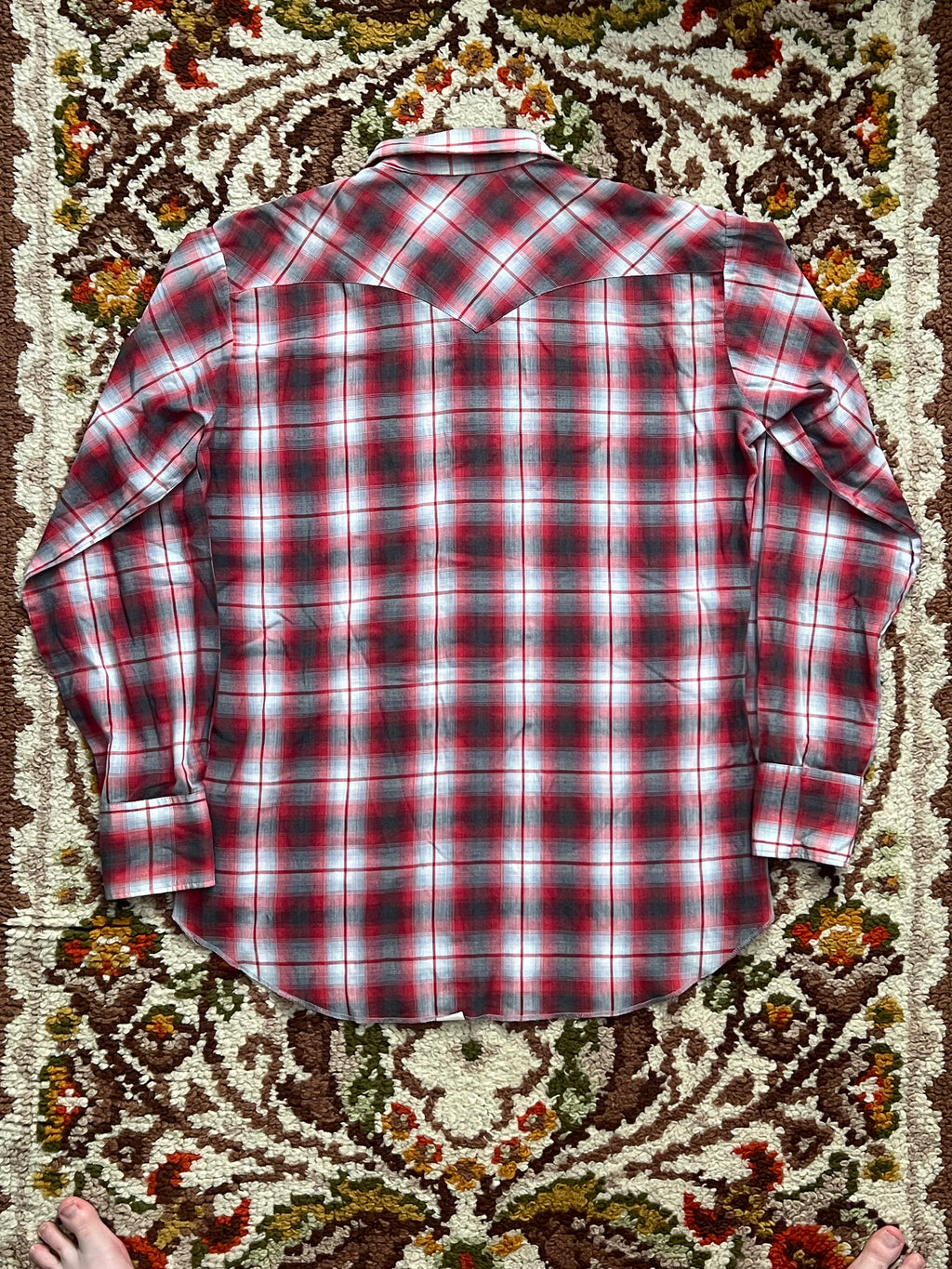 1970s Vintage H Bar C Permanent Press Red/Gray Shadow Plaid Pearl Snap M-L- MADE IN USA