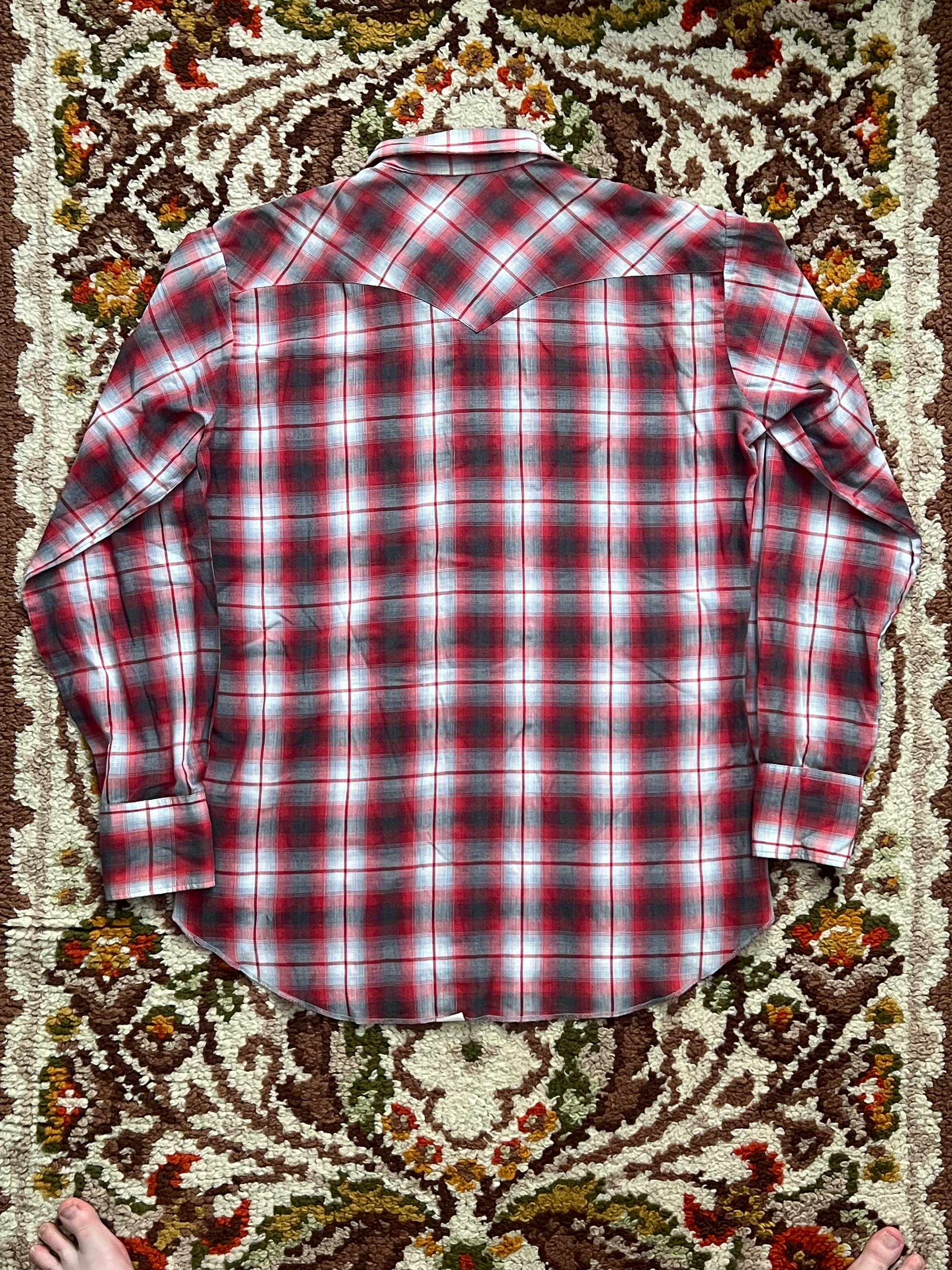 1970s Vintage H Bar C Permanent Press Red/Gray Shadow Plaid Pearl Snap M-L- MADE IN USA