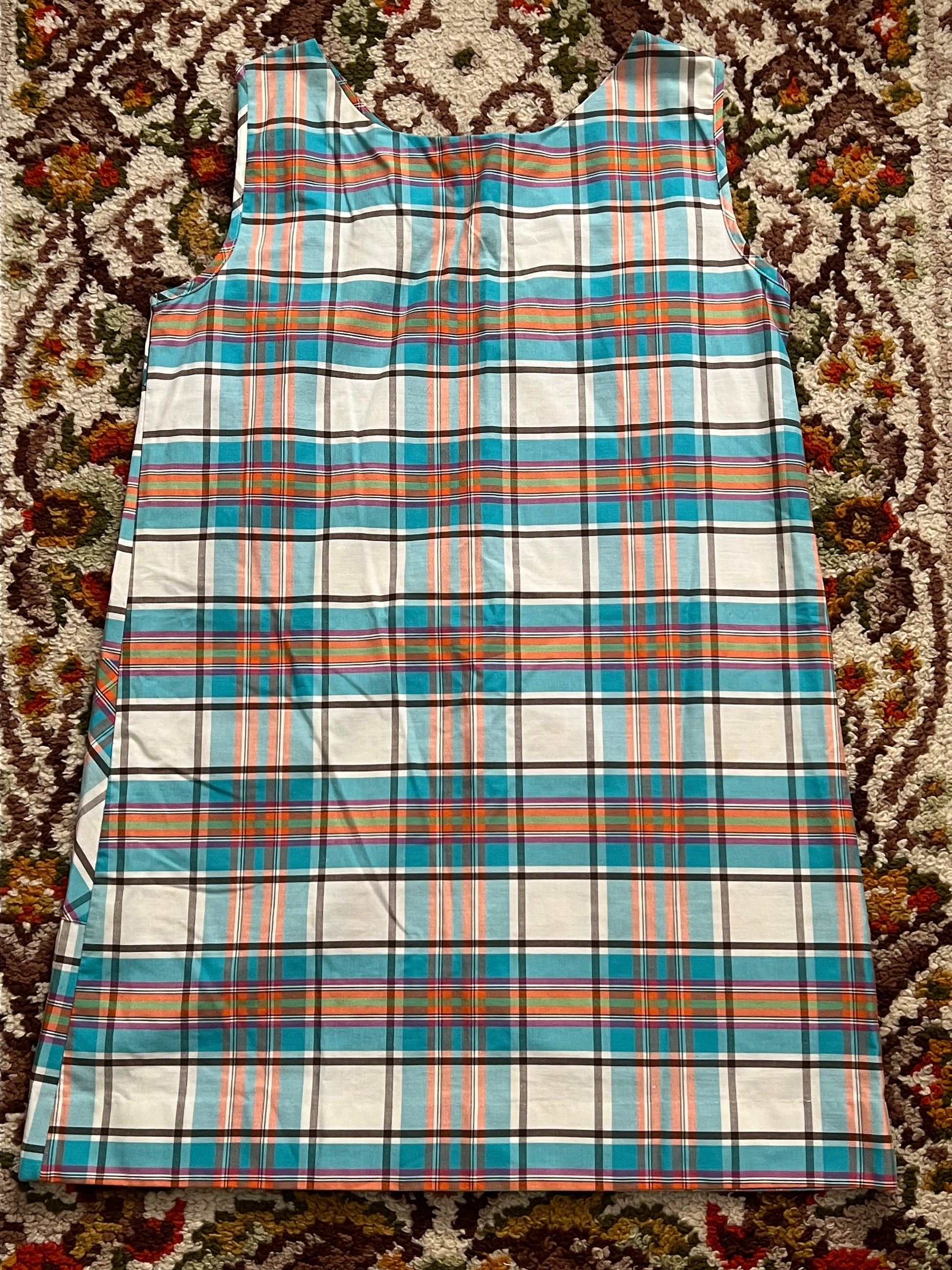 1960-1970s Vintage Skimma Blue/Orange/White Multicolored Plaid Midi Dress 2XL- MADE IN USA