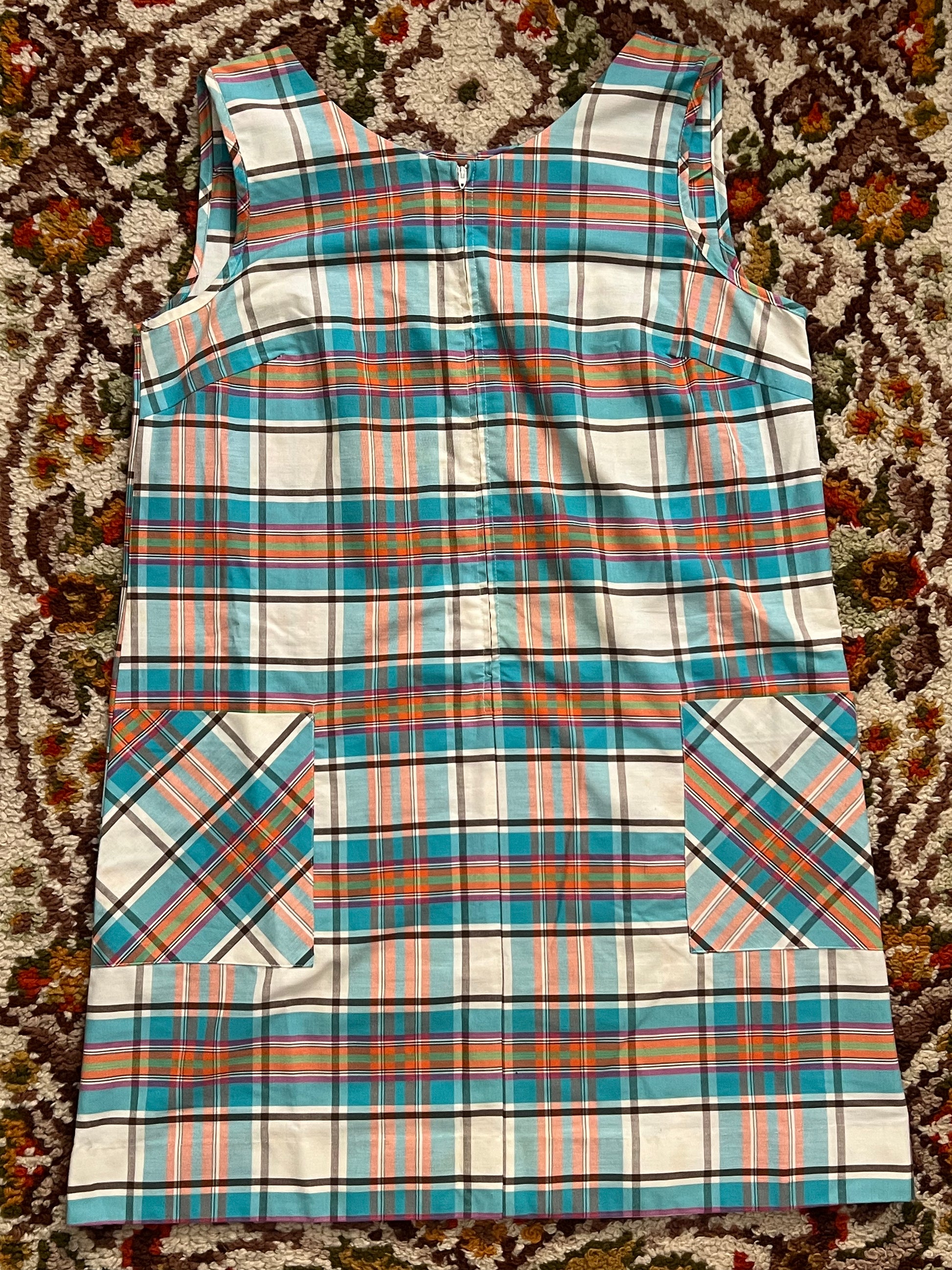 1960-1970s Vintage Skimma Blue/Orange/White Multicolored Plaid Midi Dress 2XL- MADE IN USA
