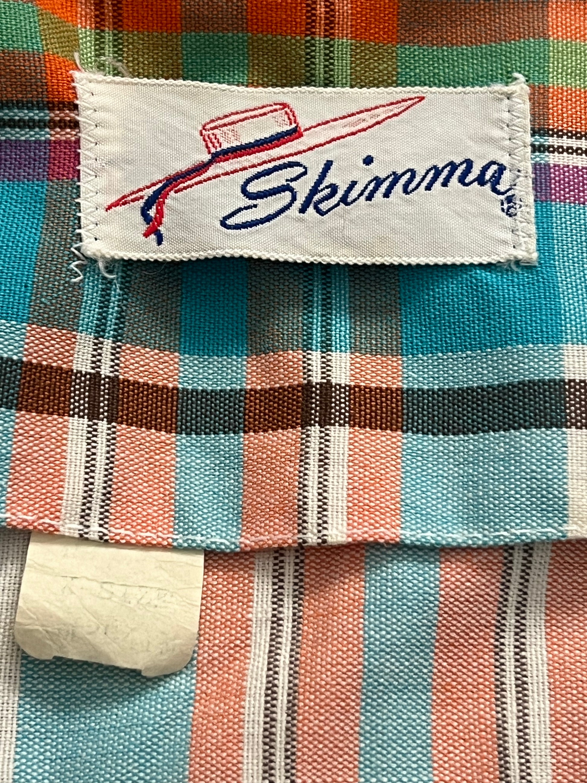 1960-1970s Vintage Skimma Blue/Orange/White Multicolored Plaid Midi Dress 2XL- MADE IN USA