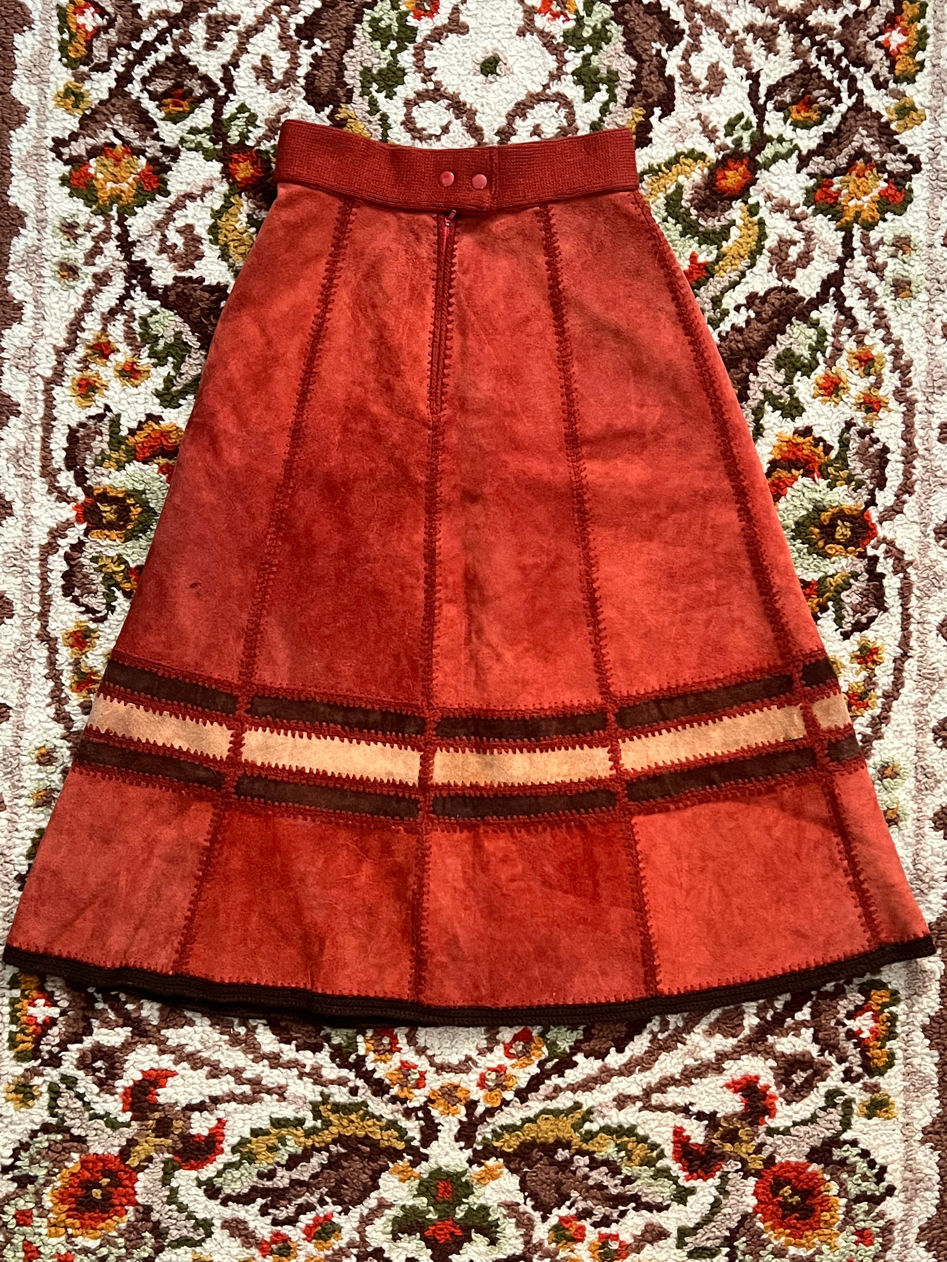 Vintage 1970s Orange/Brown Suede Maxi Skirt Size 12-MADE IN KOREA