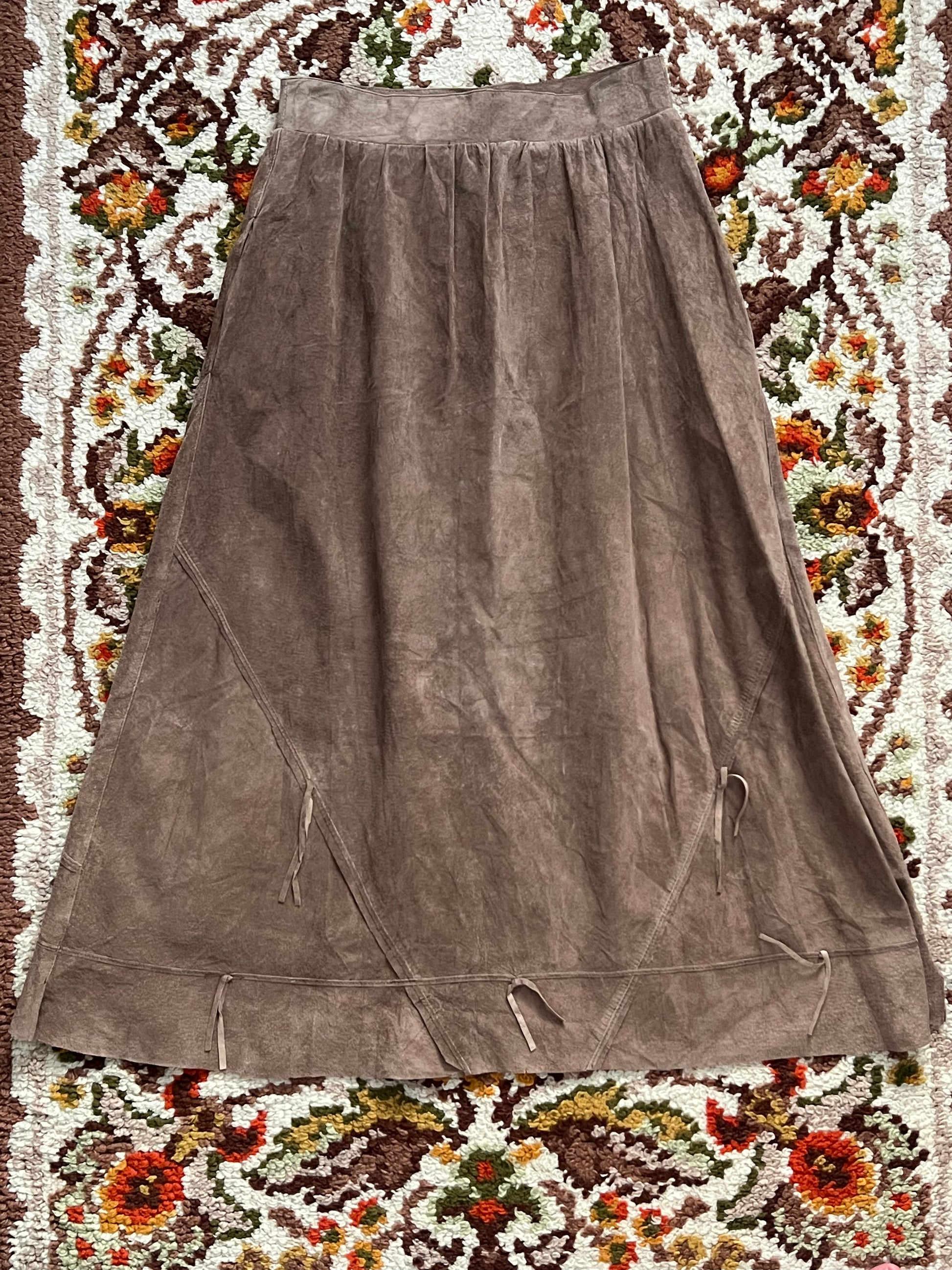 1980s Vintage Toffs Brown Suede Fringe Maxi Skirt 12- MADE IN KOREA