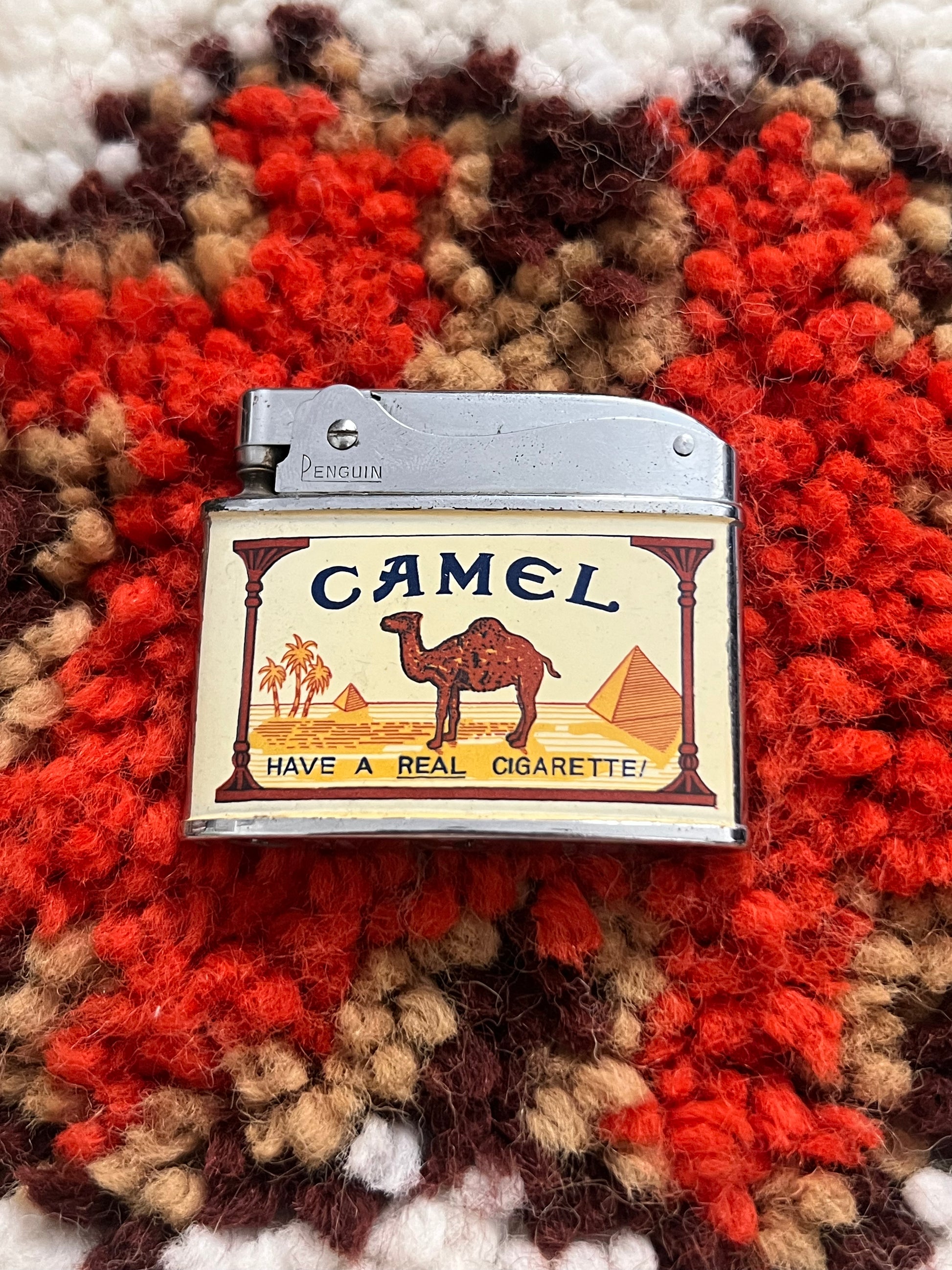 1950-1960s Vintage Penguin Brand Cream/Tan Camel Cigarettes Slim Advertising Lighter-MADE IN JAPAN