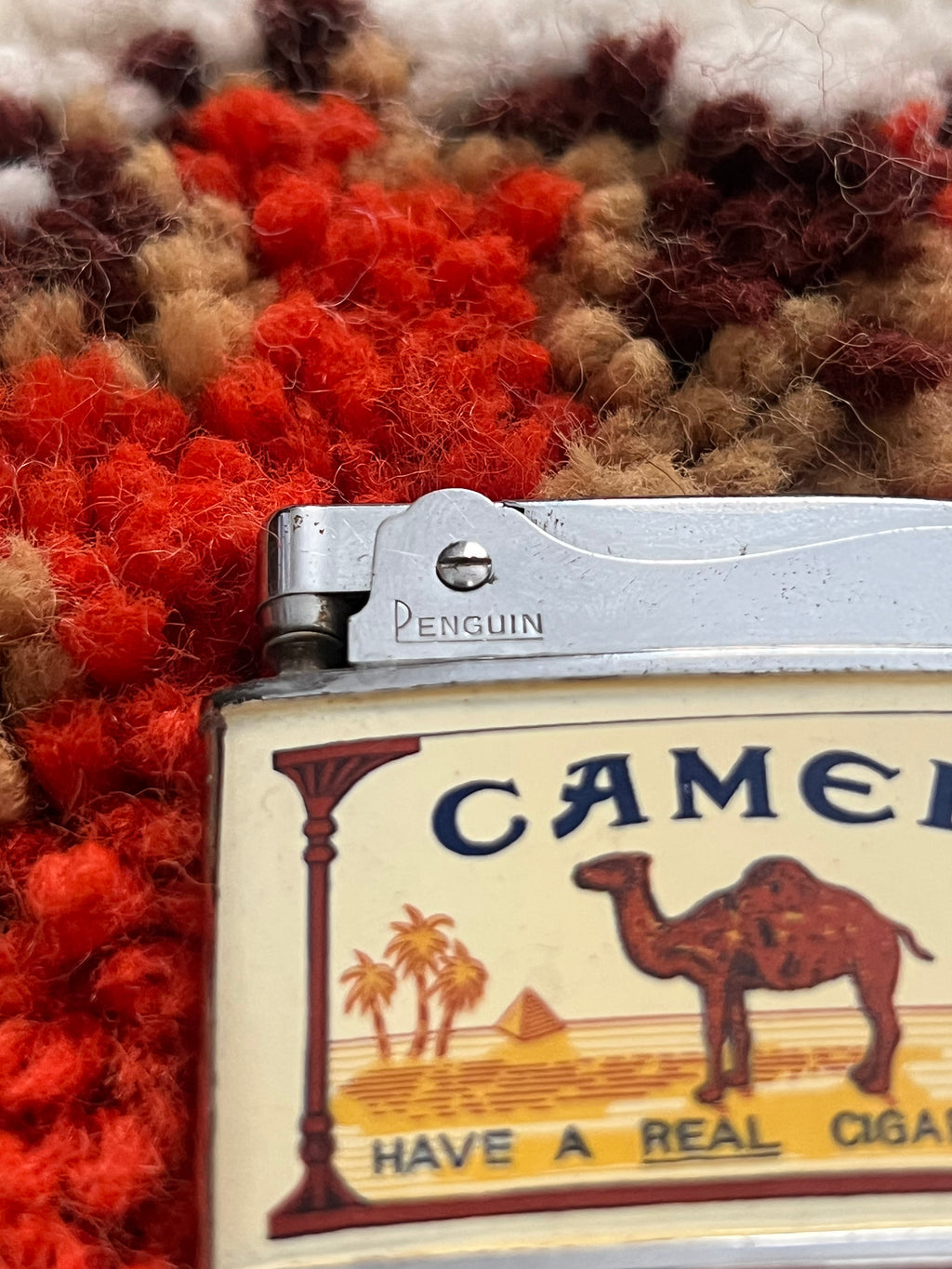 1950-1960s Vintage Penguin Brand Cream/Tan Camel Cigarettes Slim Advertising Lighter-MADE IN JAPAN