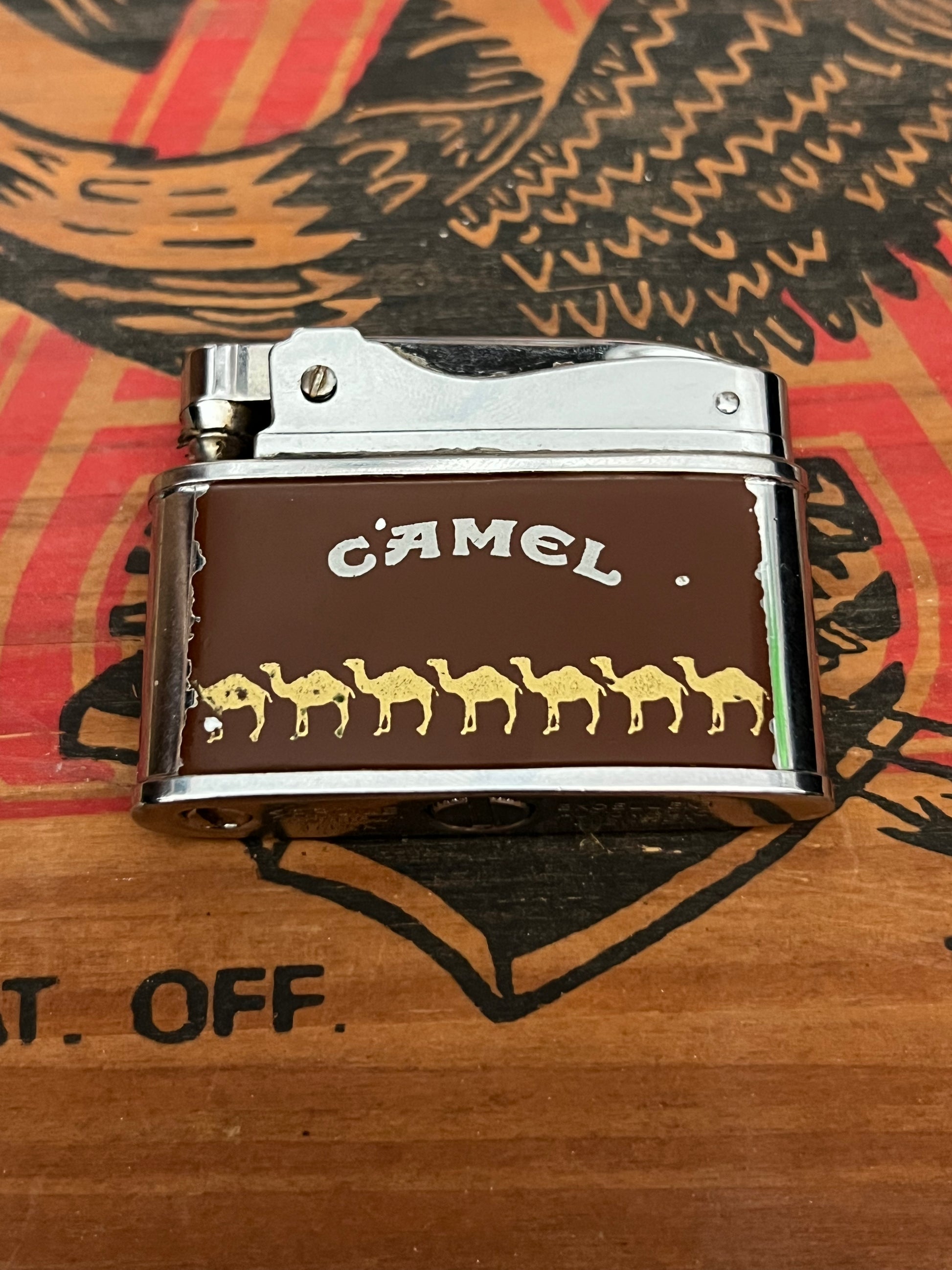 Vintage 1950s Sarome Swallow Silver&  Brown Camel Automatic Lighter- MADE IN JAPAN